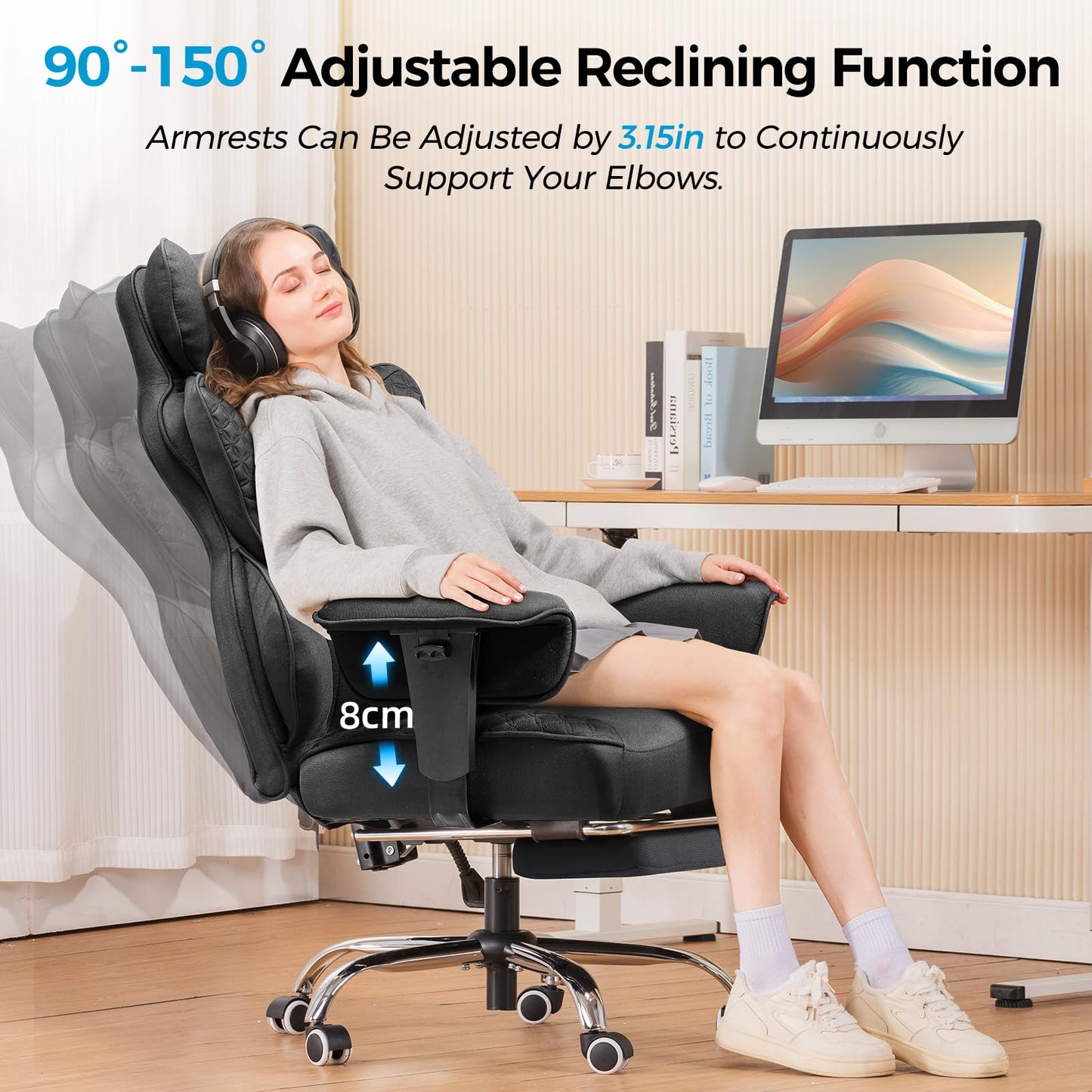 COMHOMA Big and Tall Office Chair Heavy Duty Wide Ergonomic Fabric Deluxe Embossing Designed Gaming Chair with Foot Rest,150°Reclining Adjustable Armrests Pocket Spring Back Support and Pillow