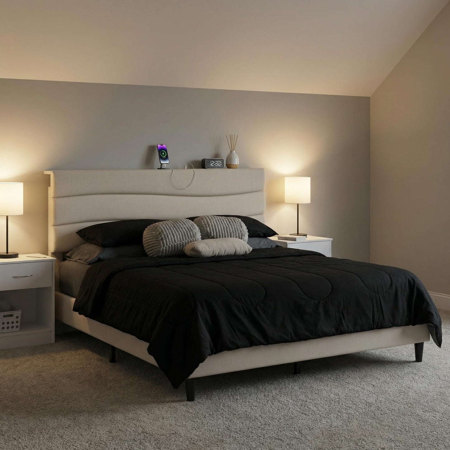 EnHomee King Size Platform Bed Frame with Headboard, Adjustable Height, Wooden Slats,Charging Stations,Noise-Free, No Box Spring Needed,Easy Assembly,Beige