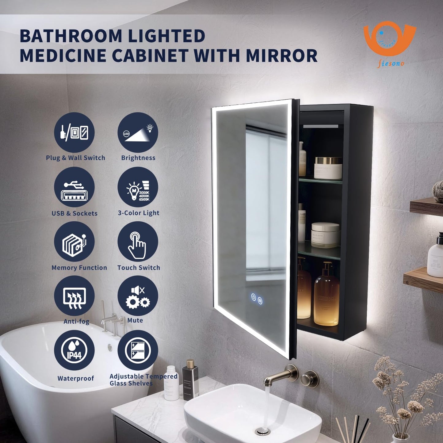 FIESONO 20 x 28 inch Lighted Medicine Cabinet with Mirror
