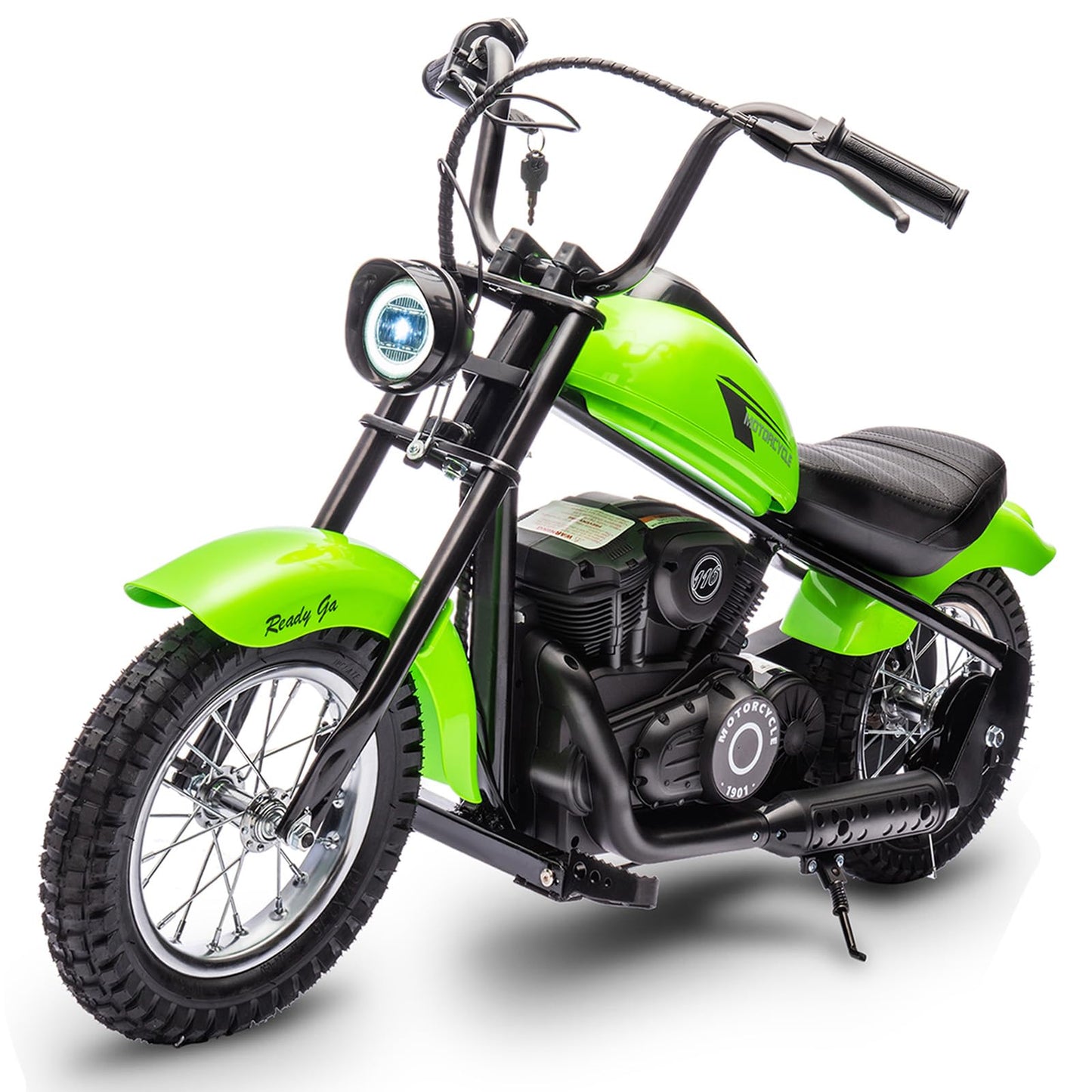 Electric Motorcycle for Kids, 24V 250W Dirt Bike, Two Speed Max Up to 14MPH & 60 Minutes Continuous, with Led Lights, Leather Seat, Rear Brake, Electric Motorbike for Kids/Teens, Green