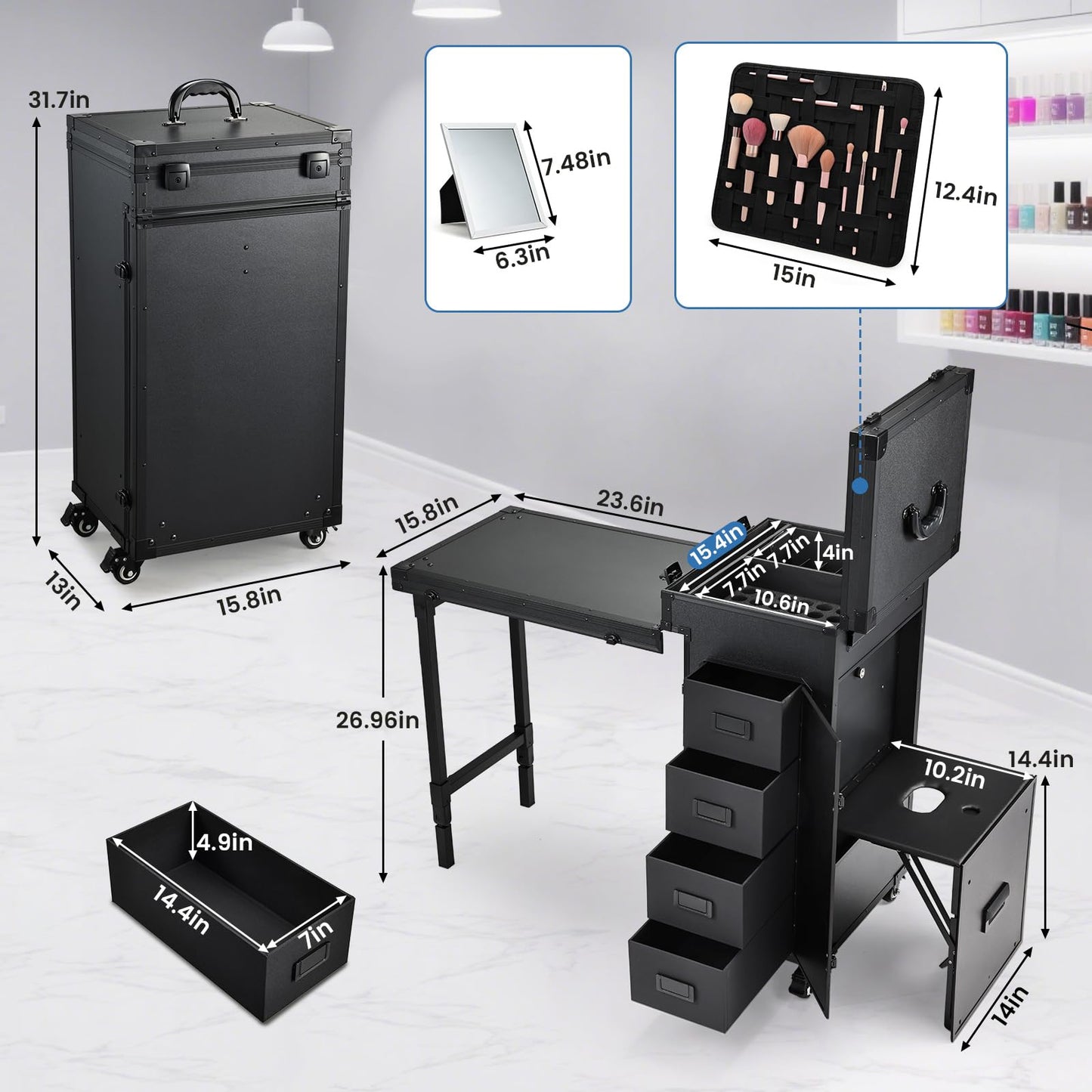 Joligrace Rolling Manicure Table with Pedicure Chair 4 Drawers Rolling Makeup Case Foldable Nail Desk Cosmetology Case on Wheels Brush Pouch Mirror Nail Kits Technician Workstation Artist Trolley