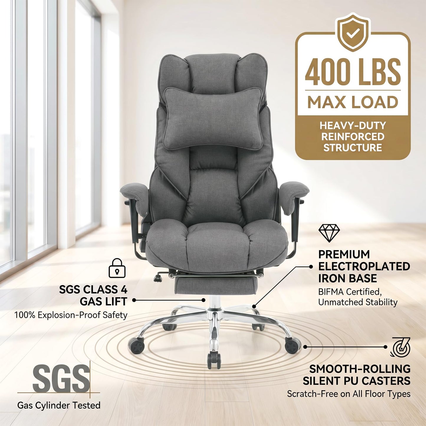 mokodo Big and Tall Office Chair 400lbs, Breathable Fabric Executive Desk Chair with Pocket Spring Cushion, 155° Reclining Computer Chair with Integrated Headrest & Lumbar Pillow (Grey)