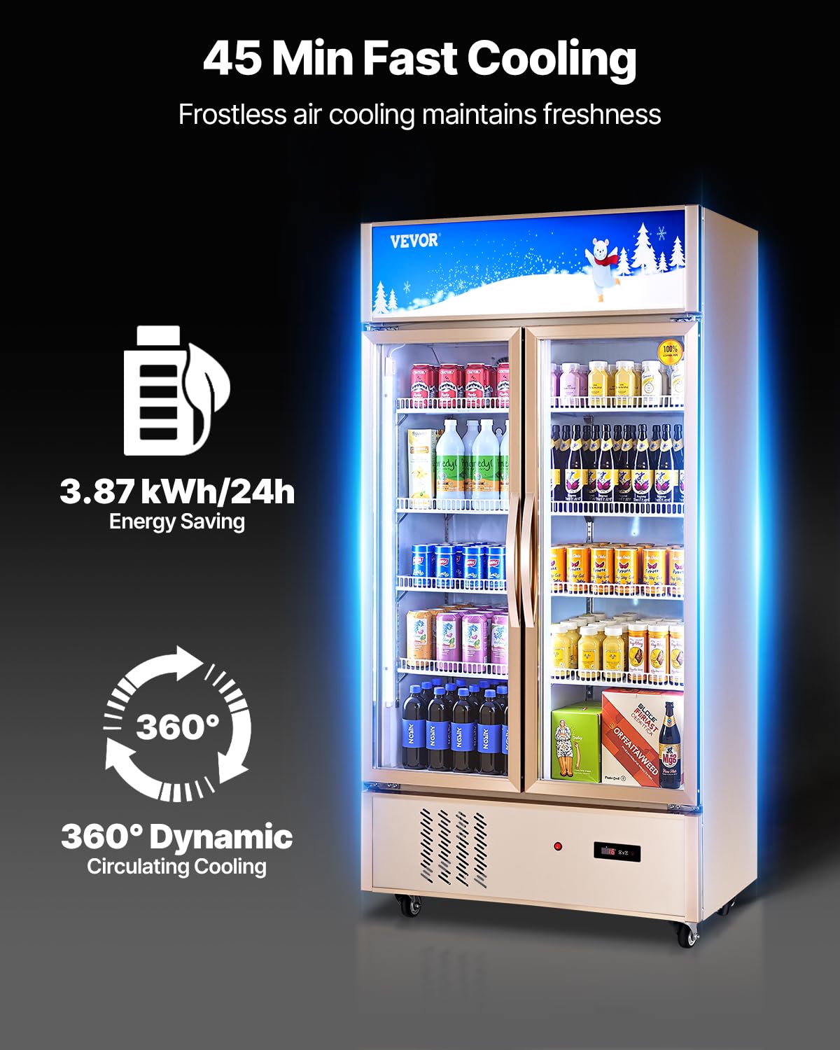 VEVOR Commercial Merchandiser Refrigerator 2 Glass Doors, 23 Cubic Ft, Upright Display Beverage Cooler 79" Tall x 39.4" Width, Fridge with LED Lighting for Drink Wine Soda, Gold