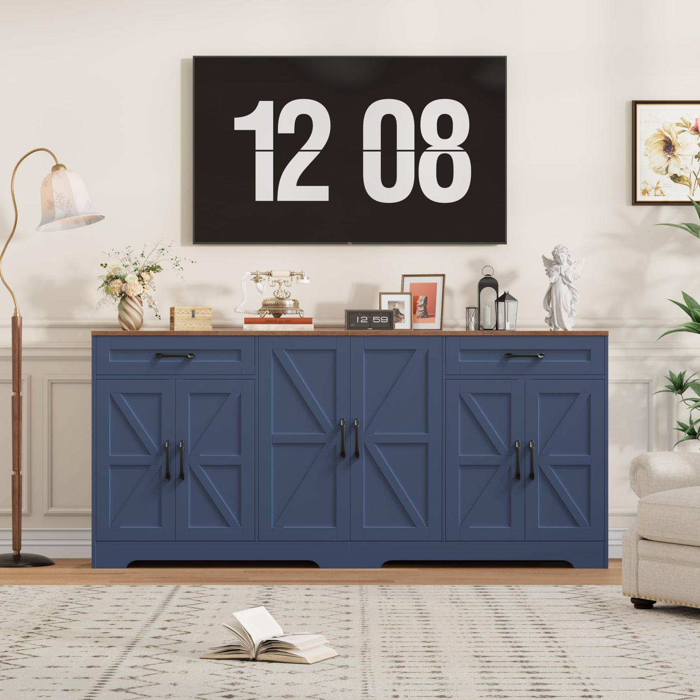 71” Large Sideboard Buffet Cabinet with Storage, Farmhouse Kitchen Buffet Cabinet with Adjustable Shelves and 6 Barn Doors, Wood Coffee Wine Bar Console Table for Kitchen, Dining Room, Navy Blue