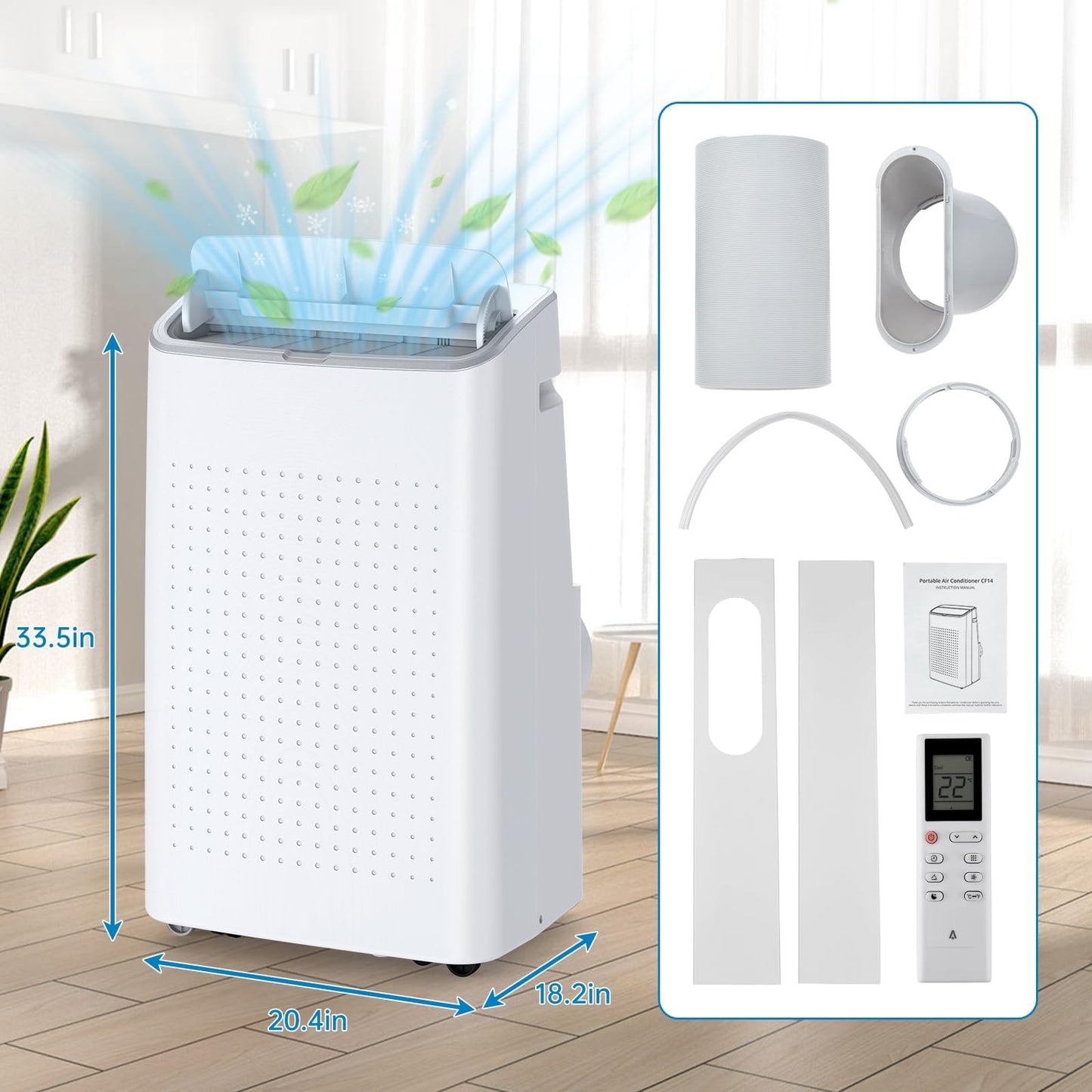 14000 BTU Portable Air Conditioner, 3-in-1 AC Unit with Dehumidifier and Fan, Cools up to 700 Sq Ft, with Window Kit and Remote Control for Home, Bedroom, Living Room, Office, White