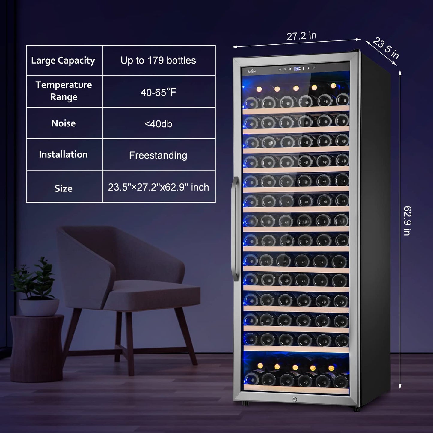 Velieta 24 Inch Wine Cooler Refrigerator, 179 Bottles Professional Wine Cellars with Powerful Compressor,Quiet Operation and Elegant Design for The Wine Lovers