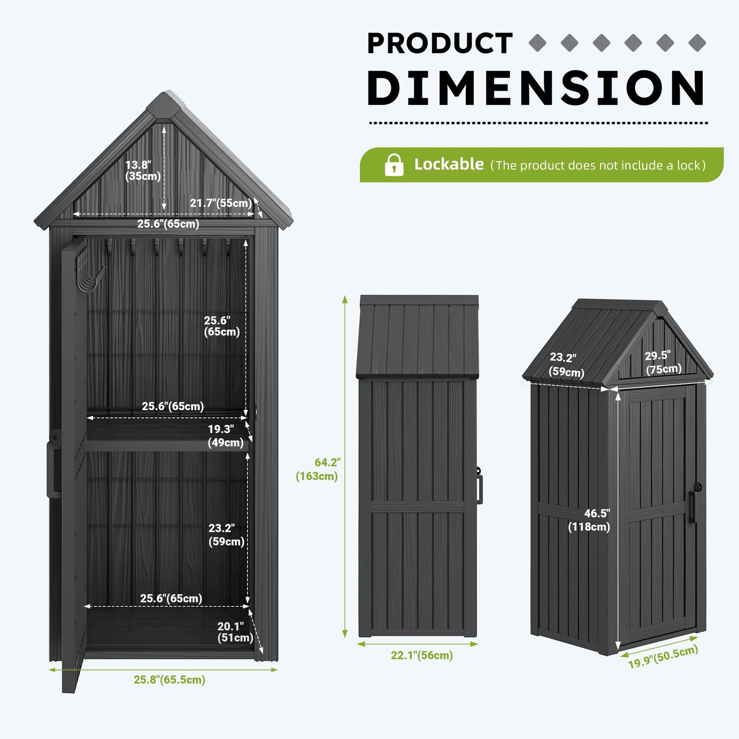 WTFGO Vertical Outdoor Storage Shed, Waterproof Resin Outdoor Storage Cabinet with Removable Shelves & 12 Hooks, Lockable Small Tool Shed for Garden, Backyard, Patio, Pool, Black