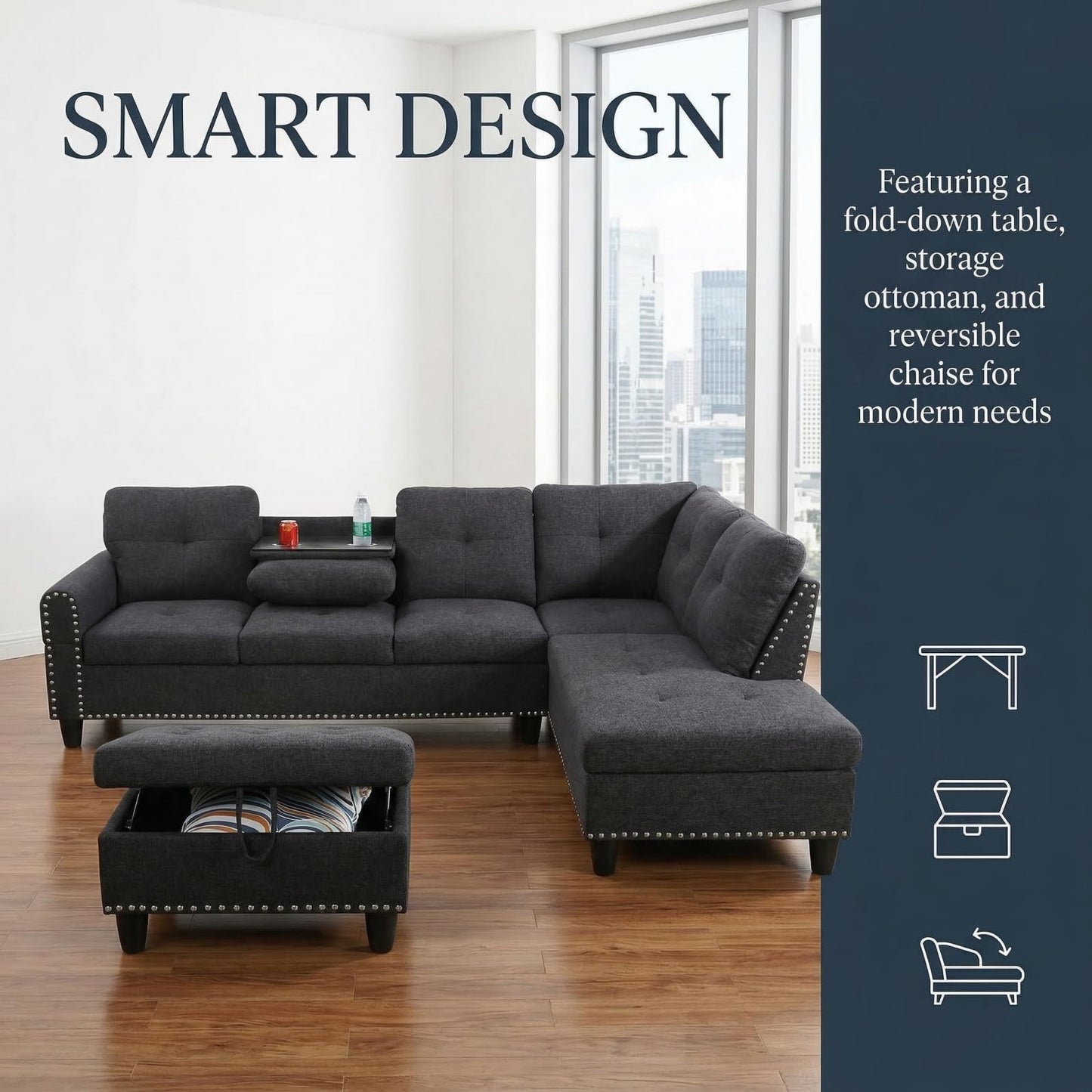 Trygoal L-Shape Sofa with Storage Ottoman & Reversible Coffee Table, Linen Sectional Couch with Right Chaise, 3-Piece Sofa Set for Living Room, Upholstered Couch Set with Solid Wood Frame, Black Grey