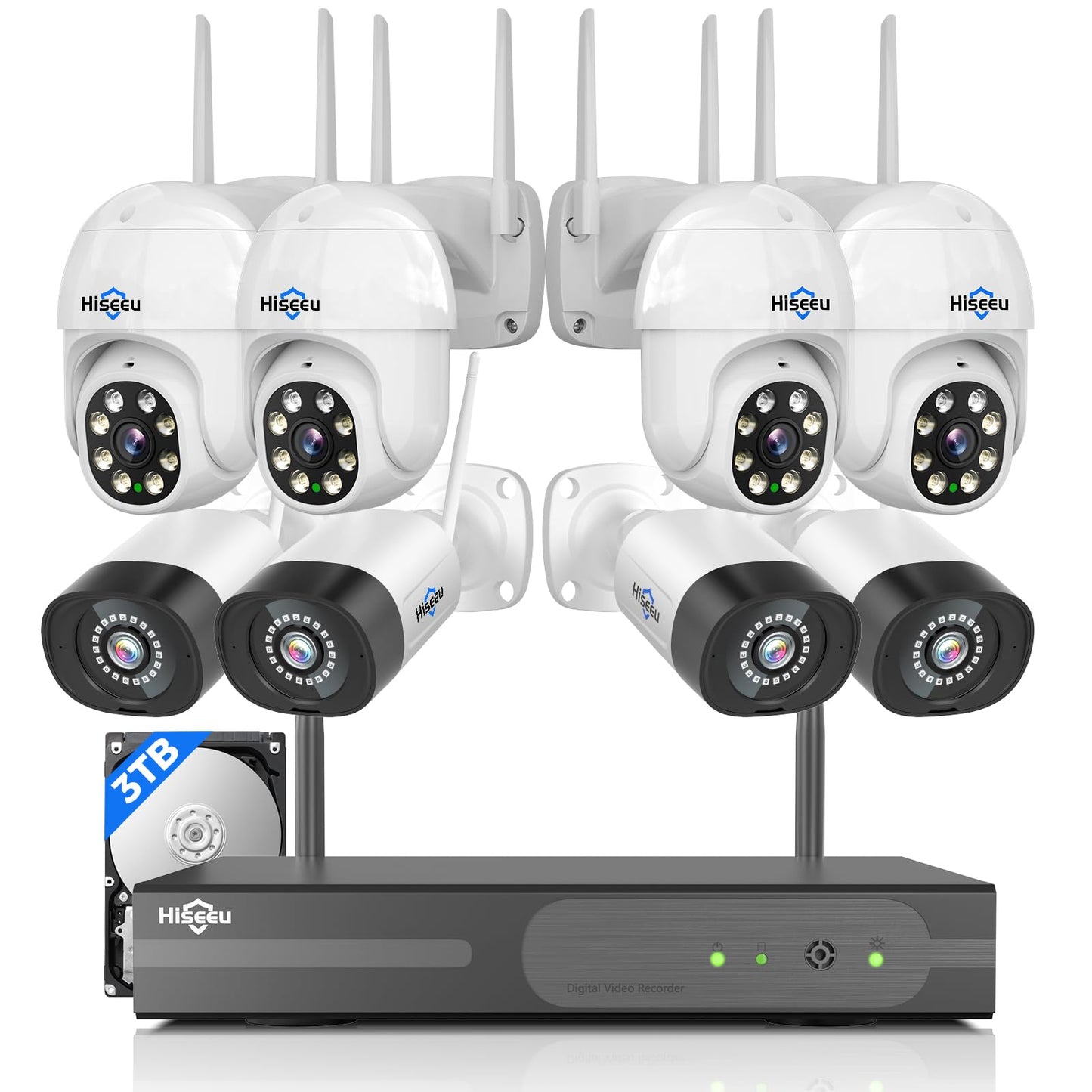 Hiseeu 5MP Wireless Security Camera System, 8PCS PTZ & Bullet Cameras with 3TB HDD, WiFi Pro & Plug-in Connection, IP66 Waterproof, Smart Motion Alerts, Long-Range Signal, 24/7 Surveillance NVR Kit