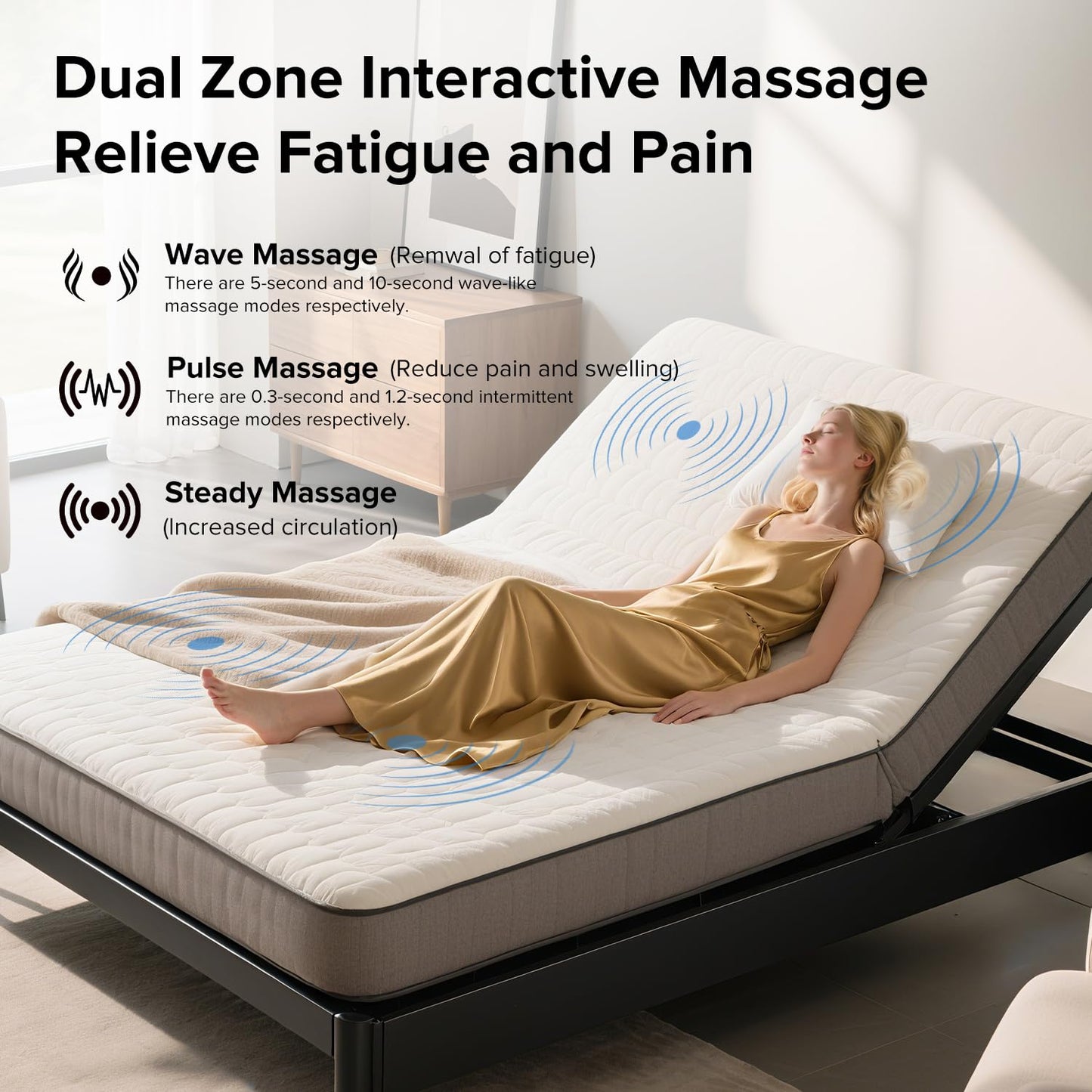 GM Ultra Queen Adjustable Bed Frame with Massage, Electric Bed Base with Head & Foot Incline, Wireless Remote, USB-A & USB-C Ports, LED Under-Bed Night Light, Height Adjustable Legs, Easy Assembly