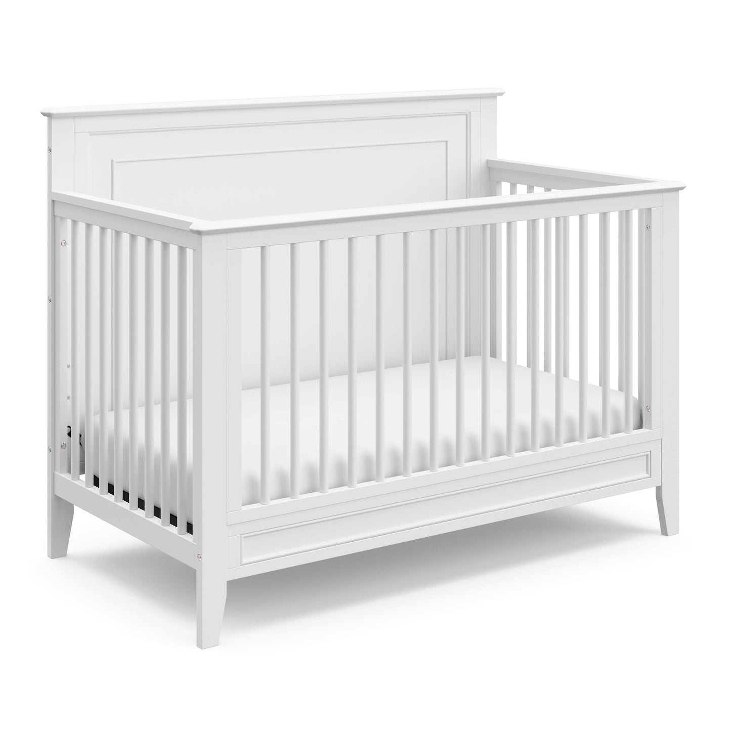 Storkcraft Solstice 5-In-1 Convertible Crib – GREENGUARD Gold Certified, Converts to Toddler Bed and Full-Size Bed, Fits Standard Full-Size Crib Mattress, Adjustable Mattress Support Base (White)