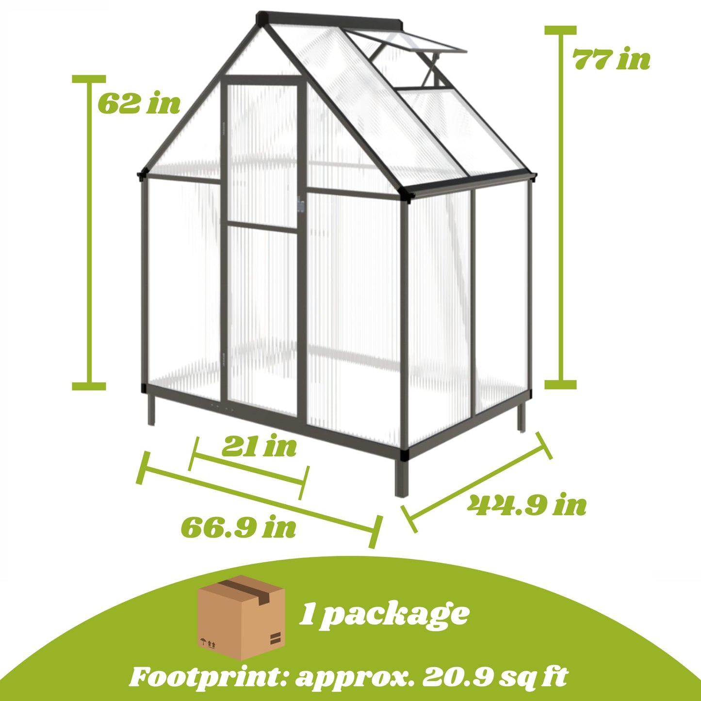 6x4FT Greenhouse for Outdoors, Polycarbonate Greenhouse with Quick Setup Structure and Roof Vent, Aluminum Large Walk-in Green House for Outside Garden Backyard, Dark Gray
