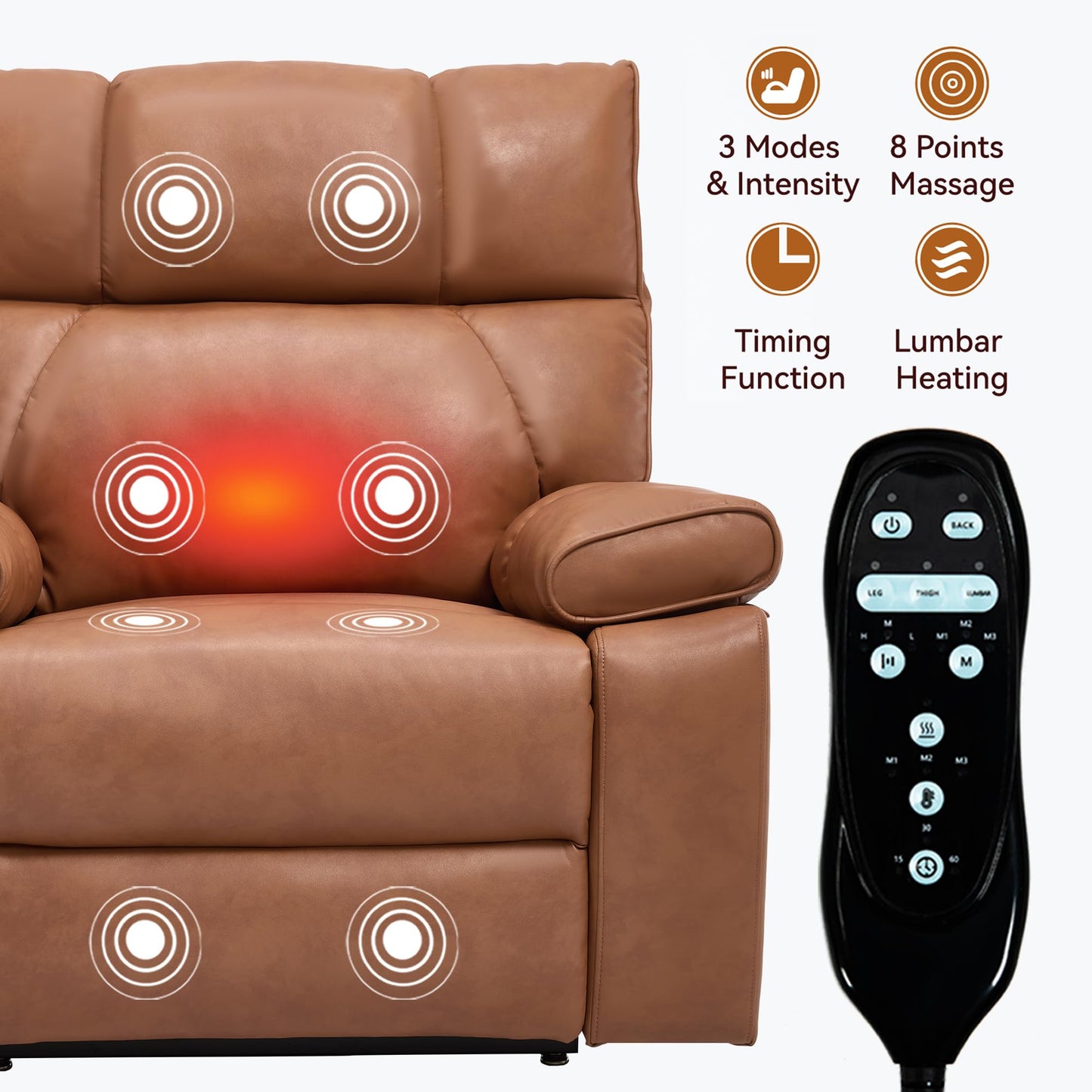 KEIKI Leatheraire Oversized Electric Power Lift Recliner Chair with Heat & Massage, Dual Motor, Infinite Positions, Hidden Cup Holders, Medium-Firm, Heavy Duty Up to 350 lbs, Orange