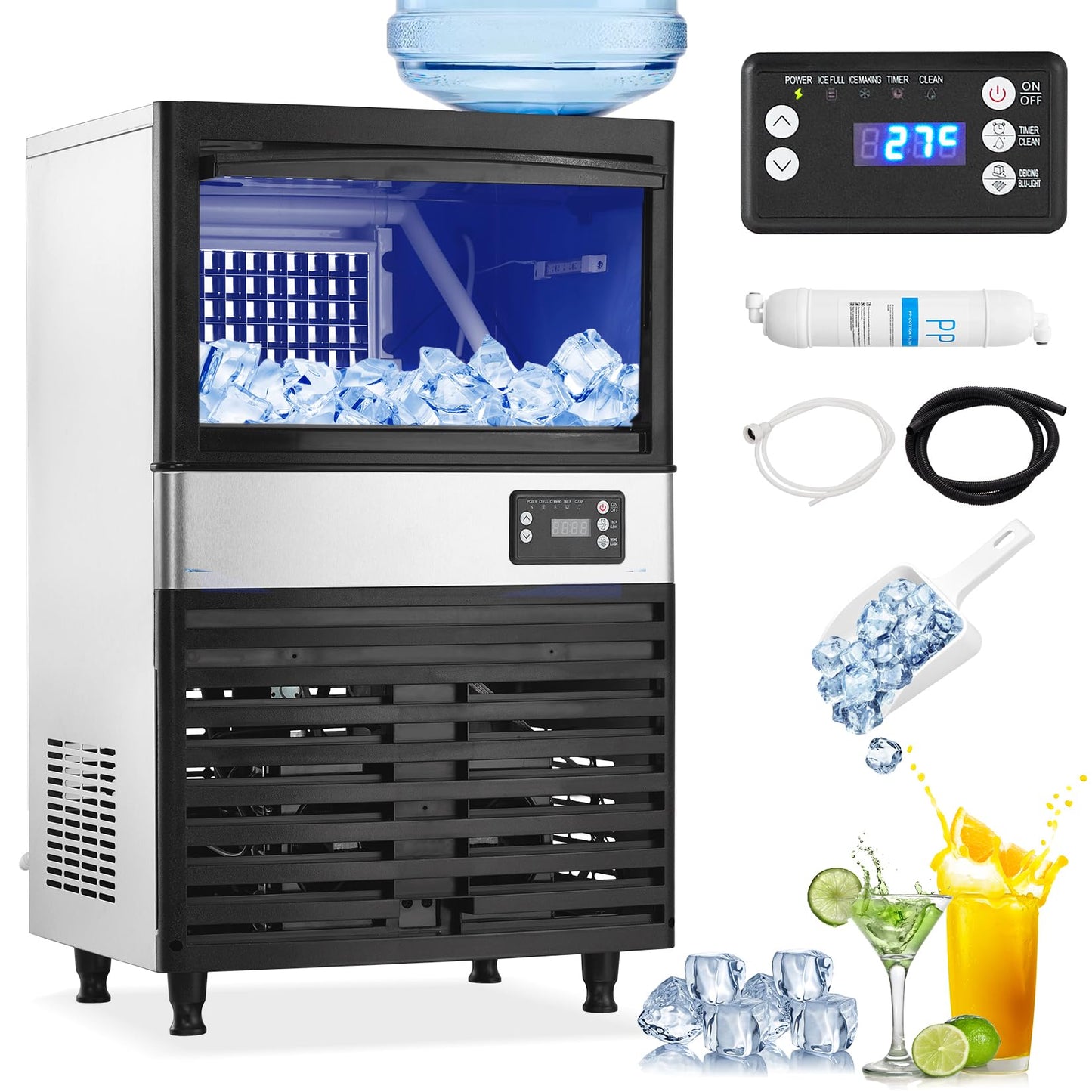 Commercial Ice Maker Machine 150Lbs/24H, 35Lbs Storage Bin, 6x13Pcs Clear Ice Cubes, Freestanding Stainless Steel Ice Making Machine with Blue Light for Restaurant, Home, Bars, Coffee Shop