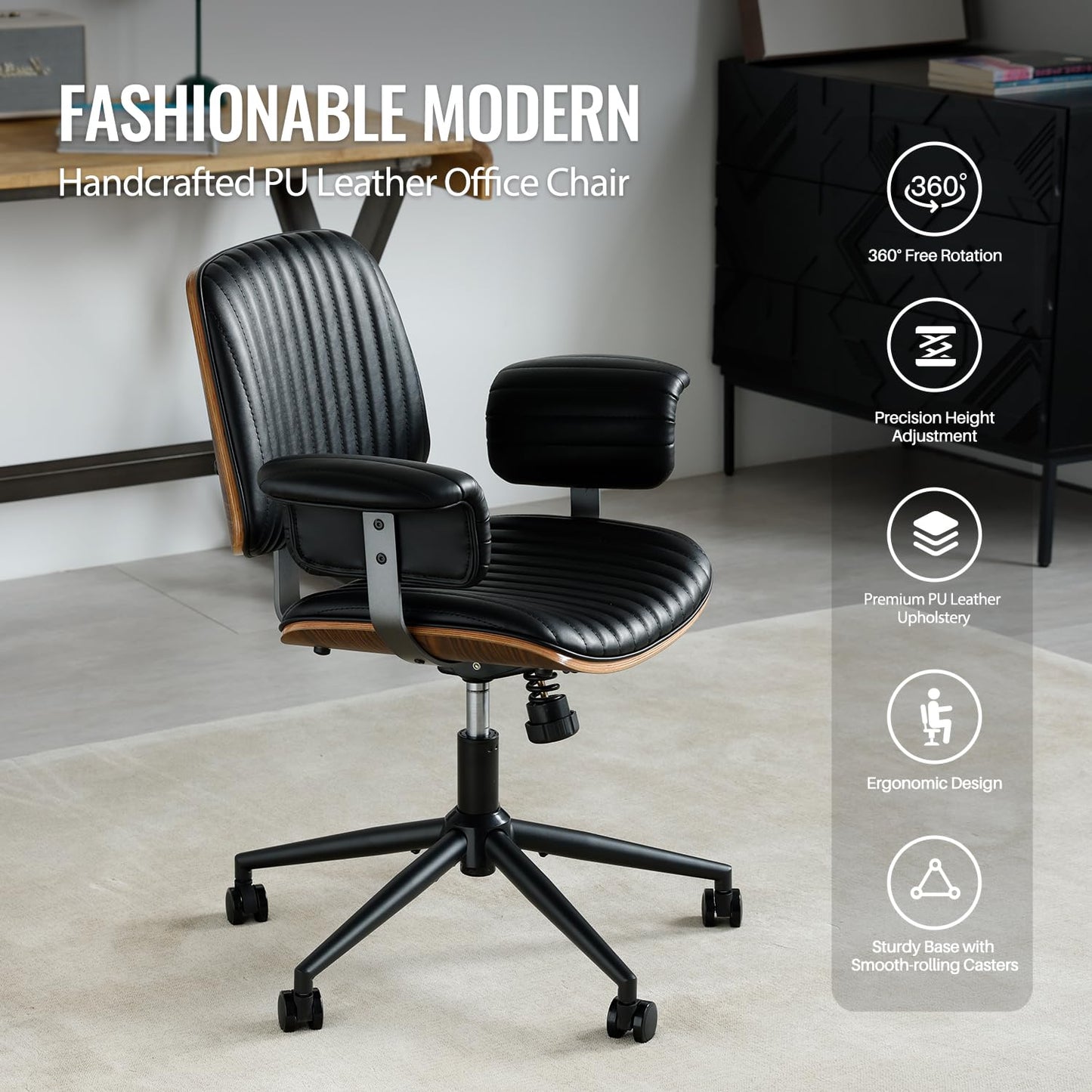 Leather Home Office Chair, Mid-Century Modern Executive Desk Chair with Padded Armrests, 360° Swivel Ergonomic Task Chair,Adjustable Height (PU Leather-Black)