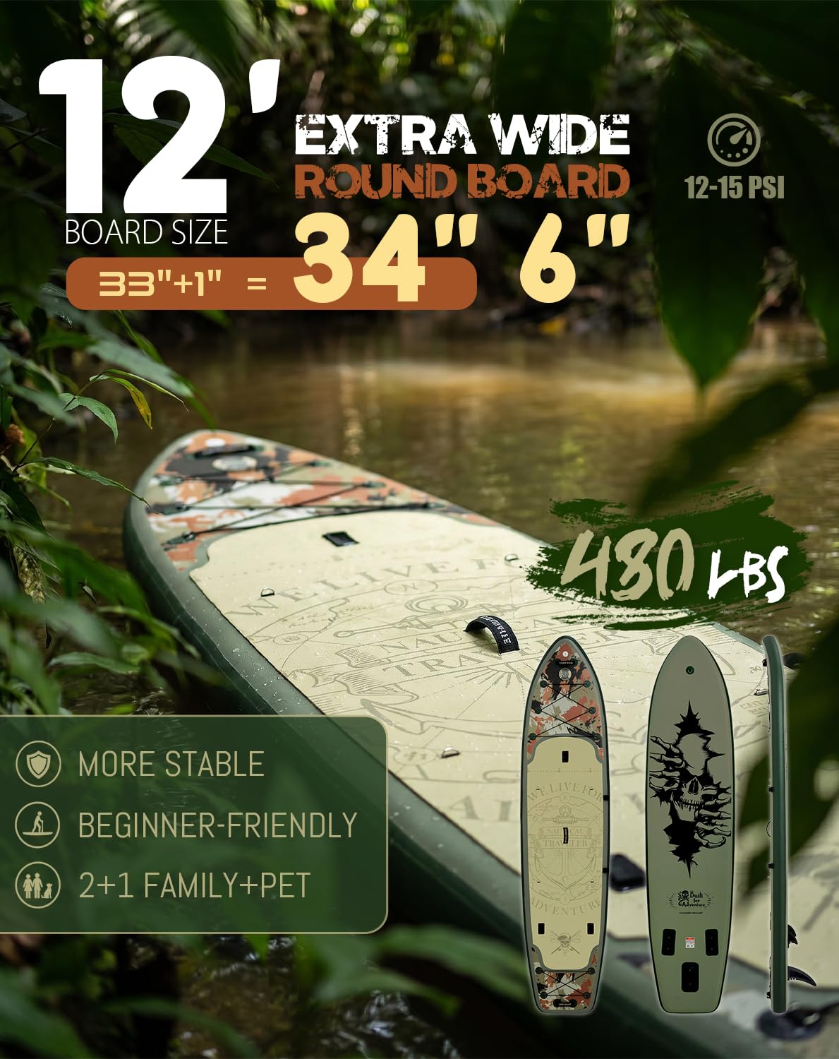 Tuxedo Sailor Large Size Inflatable Fishing 12'×34"×6" Extra Wide Paddle Board, Stand Up Paddleboard Complete Accessories, Fishing Support Bases, Kayak Seat