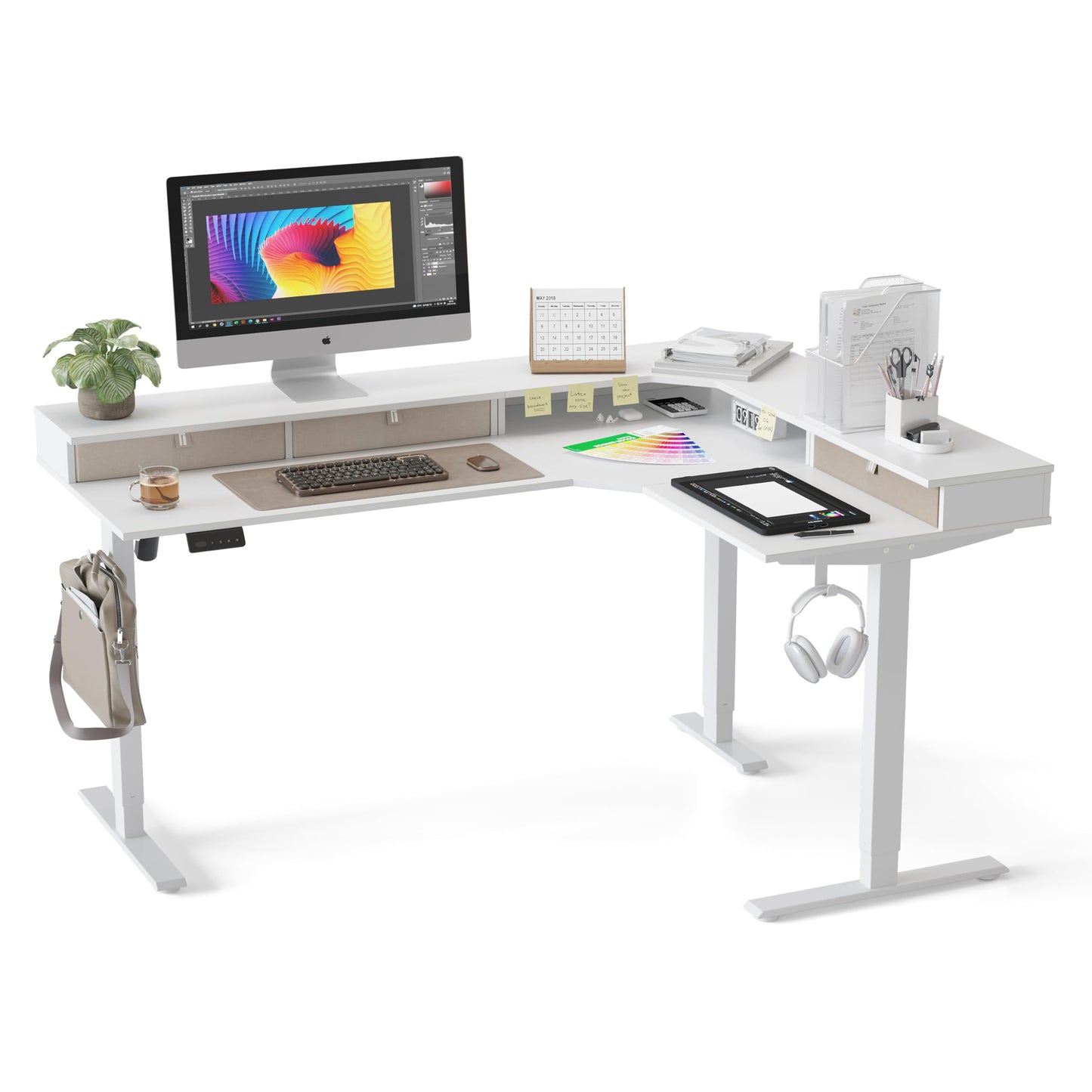 CubiCubi L Shaped Standing Desk with Drawers 63 x 48 Inch Adjustable Height, Electric Corner Desk with Storage, Sit Stand Home Office Desk with Splice Board, White