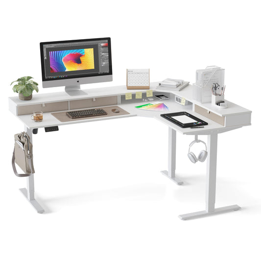 CubiCubi L Shaped Standing Desk with Drawers 63 x 48 Inch Adjustable Height, Electric Corner Desk with Storage, Sit Stand Home Office Desk with Splice Board, White
