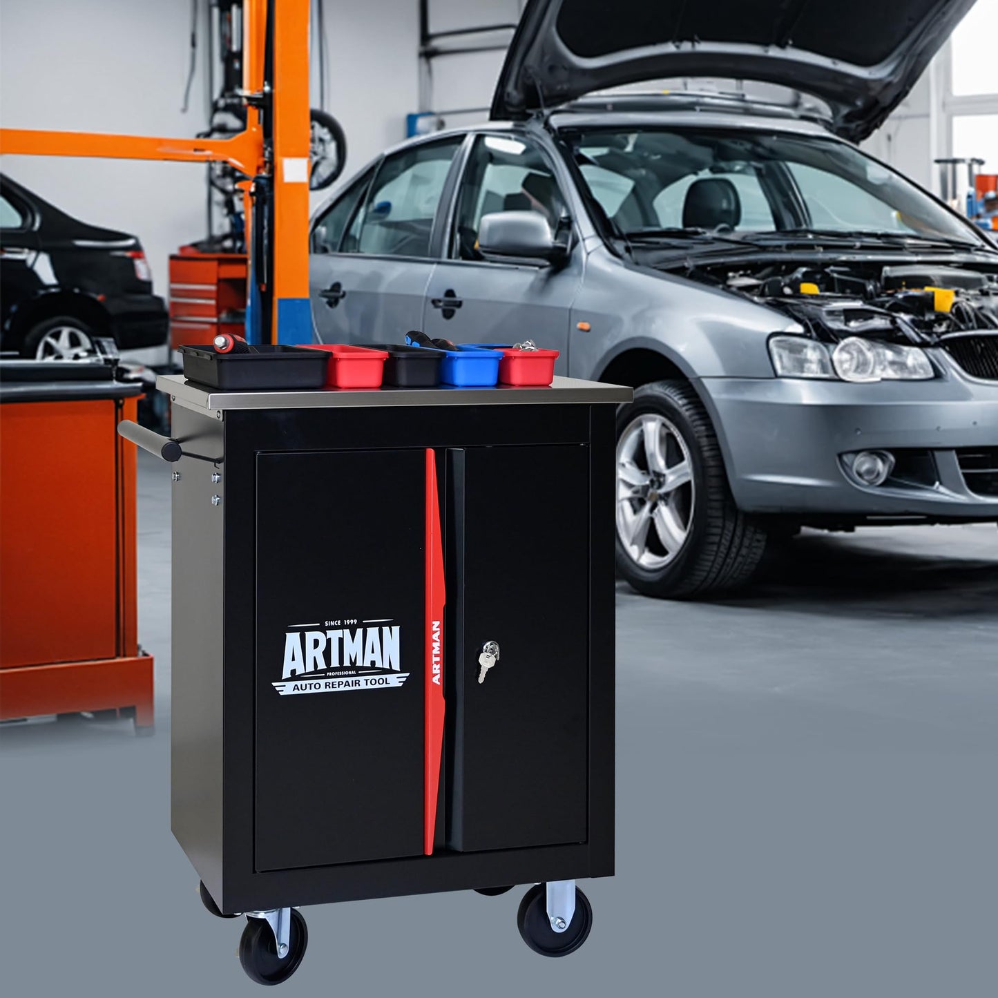 KEIKI Double Door Tool Cart with Storage Shelf, Rolling Metal Tool Cabinet with Lockable Wheels, Multi-Function Garage Workshop Tool Organizer (Black&Red)
