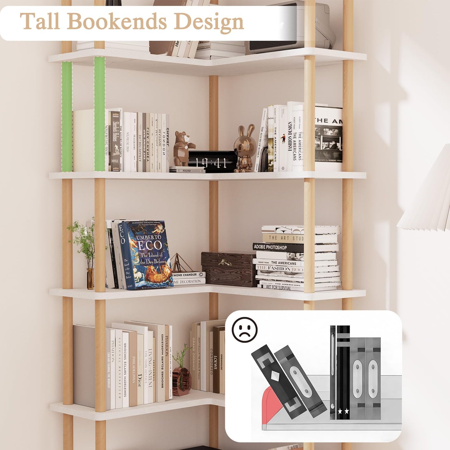 5-Tier White Corner Bookshelf with Solid Beech Wood Poles, 70.8" Tall Easy-Assembly Corner Shelf Unit, Free-Standing Bookcase for Living Room Bedroom Home Office, Space-Saving Corner Storage Solution