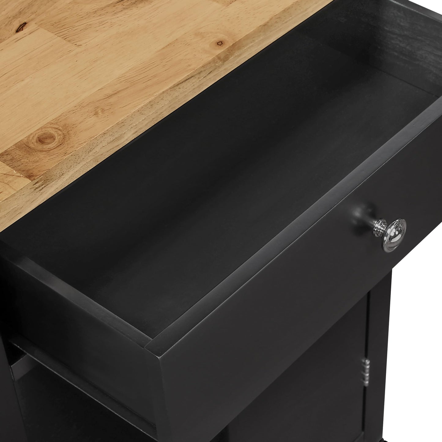 OSP Home Furnishings Derry Modern Farmhouse Kitchen Cart with Natural Butcher Block Top, Rolling Storage Cabinet with Drawer, Shelves, Hooks, Black Finish