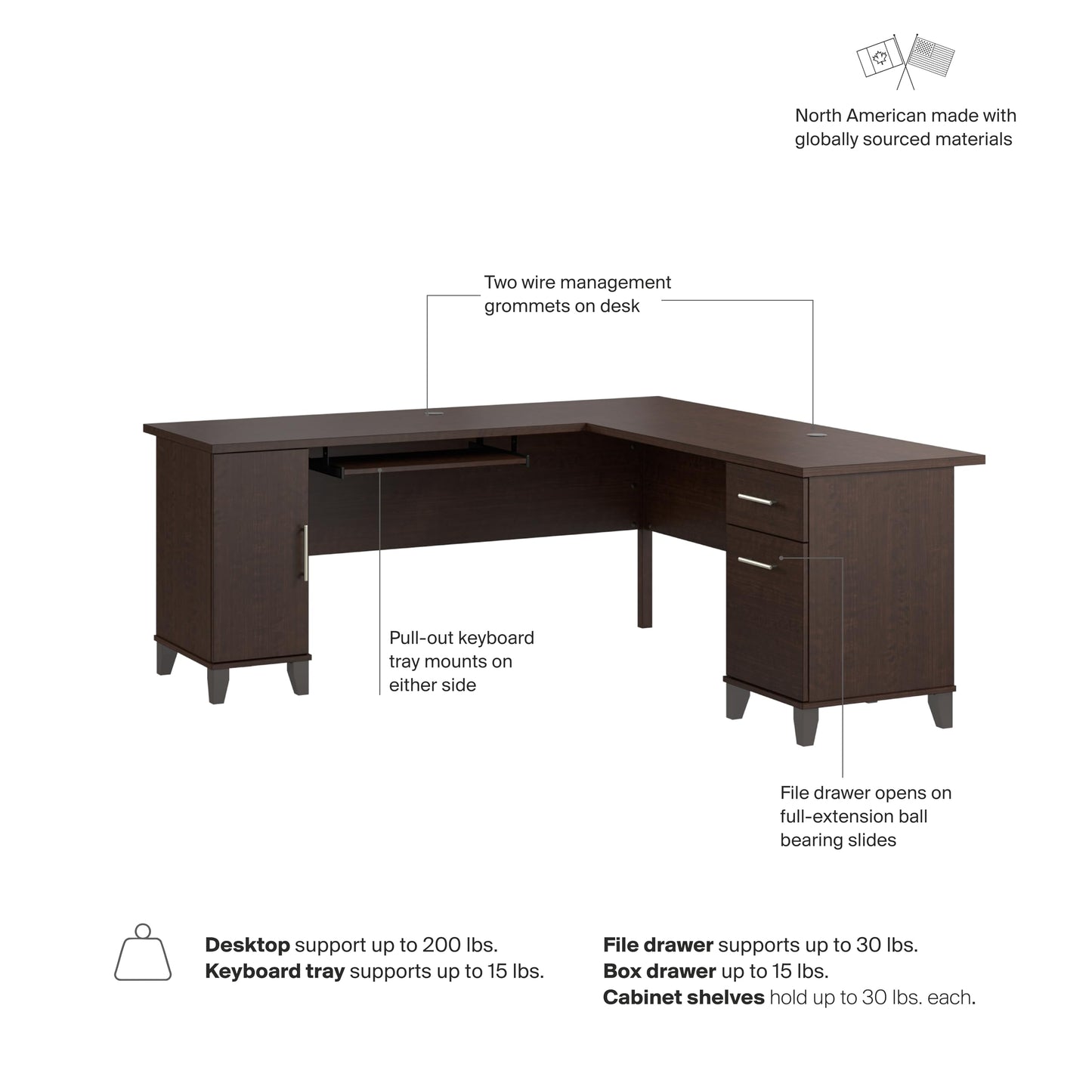 Bush Home 72-Inch L-Shaped Desk with Storage, Corner Computer Office Desk with File and Box Drawers, Home Office Workstation with Storage Cabinet, Somerset Collection, Mocha Cherry