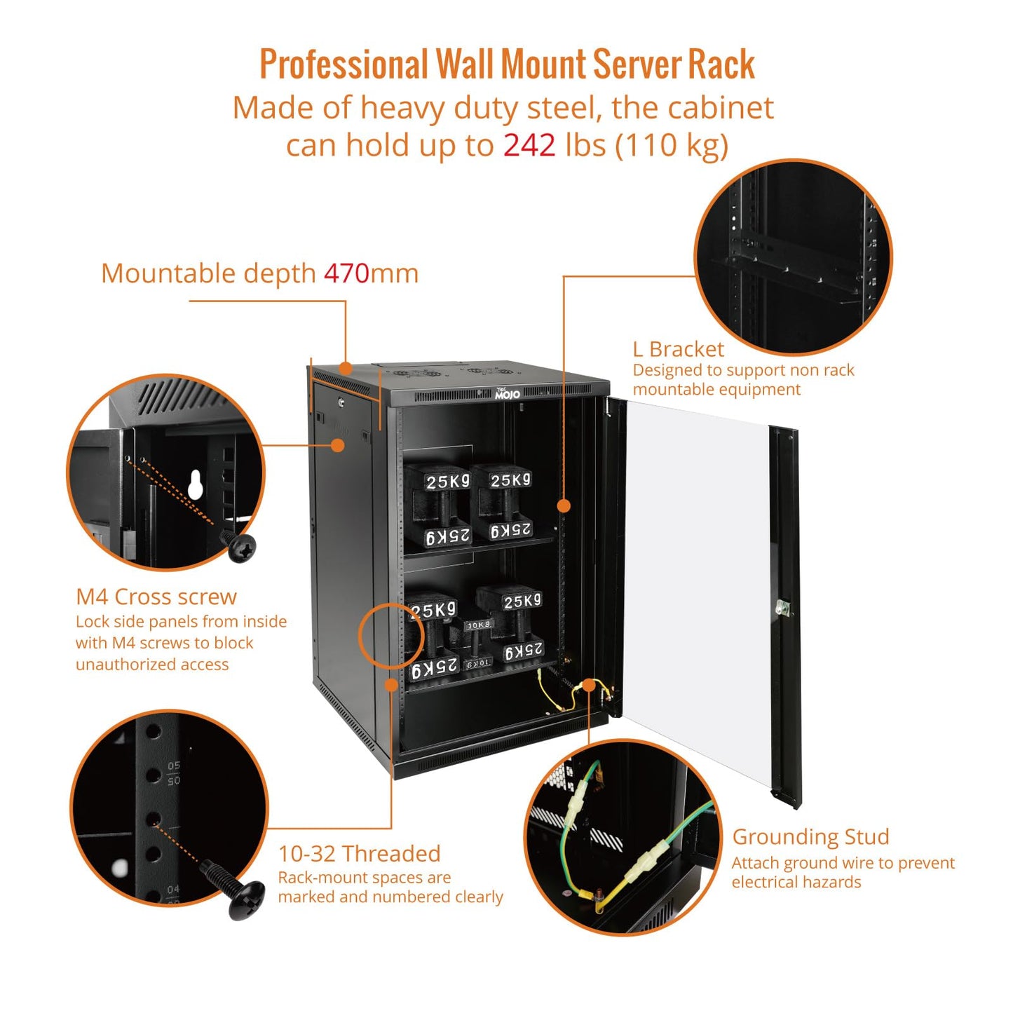 Tecmojo 18U Wall Mount Rack,18U Rack 23.6 Inch Depth,Hold Up to 176 Lbs,Enclosed Wall Mount Rack Kit for 19 Inch Network,Server and AV Gear,Glass Door(Elite Collection)