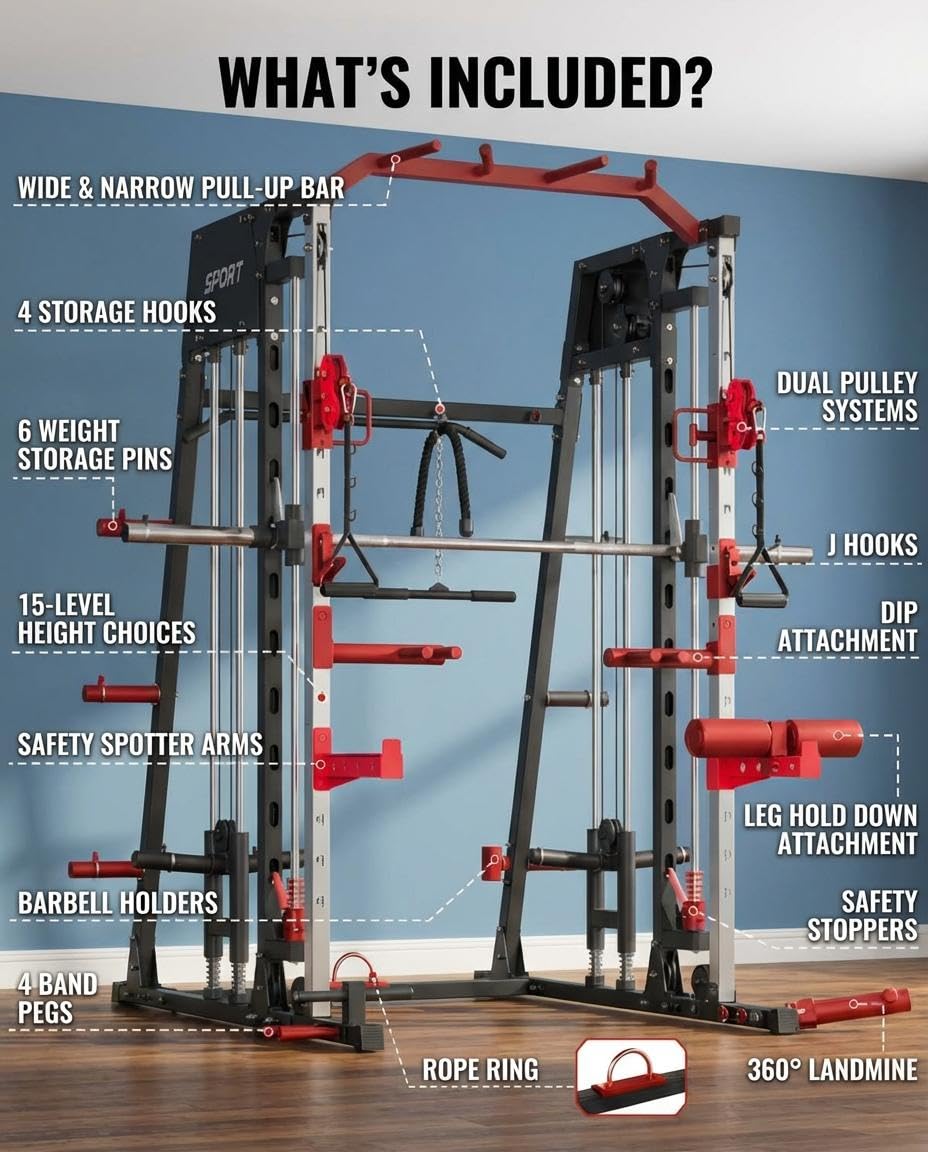 Smith Machine Home Gym, 2200LB Power Cage with Dual Pulley Cable Systems, LAT Pull-Down, Leg Hold-Down & 20+ Attachments for Full Body Workouts, Black