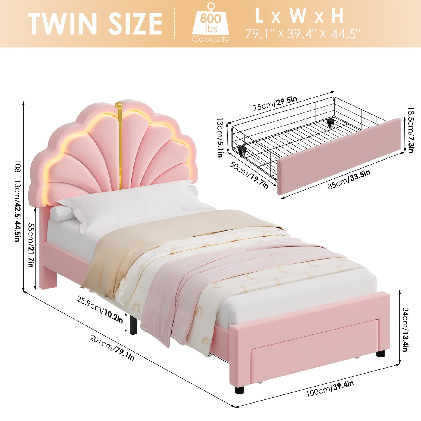 Keyluv Twin Princess Bed Frame with Storage Drawers, Soft Velvet Upholstered LED Platform Bed with Adjustable Cute Shell Headboard, No Box Spring Needed, Noise-Free, Pink