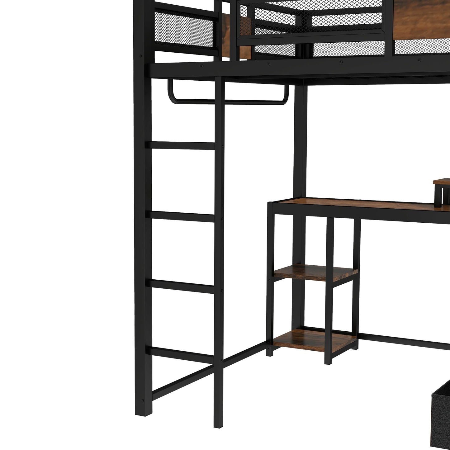 Bellemave Queen Loft Bed with Desk & Storage Fabric Drawers & Shelves, Heavy Duty Metal Frame Loft Bed for Adults & Teens, Space Saving Bed for Apartments & Dorm, No Box Spring Needed, Black