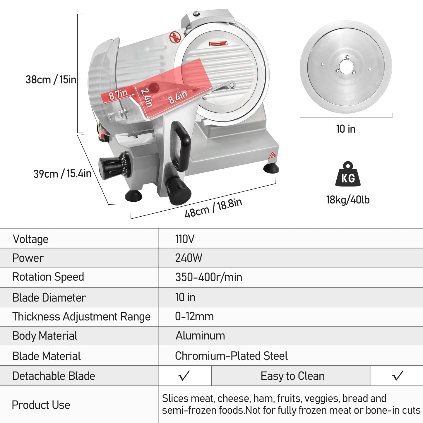 OKF Meat Slicer, 10 Inch Commercial Meat Slicer, 240W Meat Slicer Machine, Heavy-Duty Slicer Machine, Premium Chromium-plated Steel Blade, Deli Slicer for Meat, Cheese, Semi-Frozen Foods