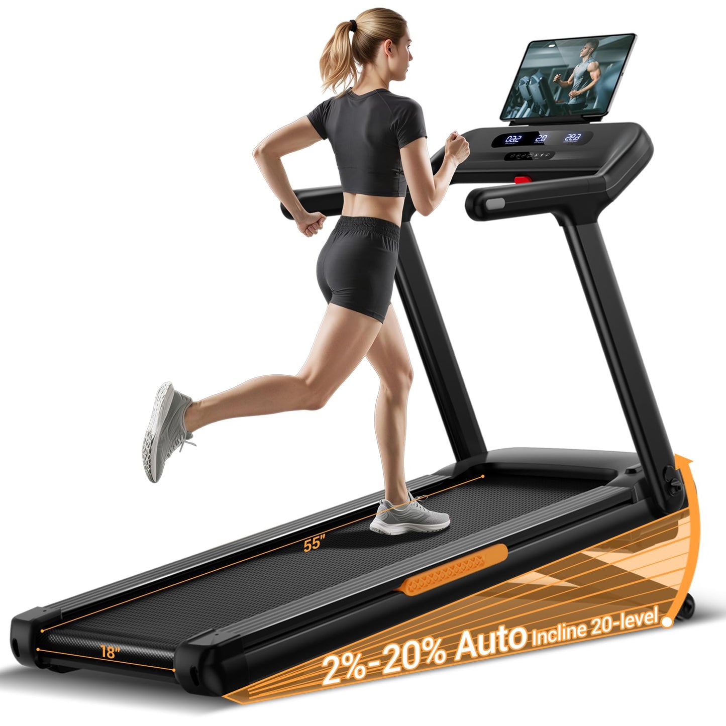 UMAY Fitness Heavy Duty Treadmill with 25% Auto Incline,55"x18"Wide Belt