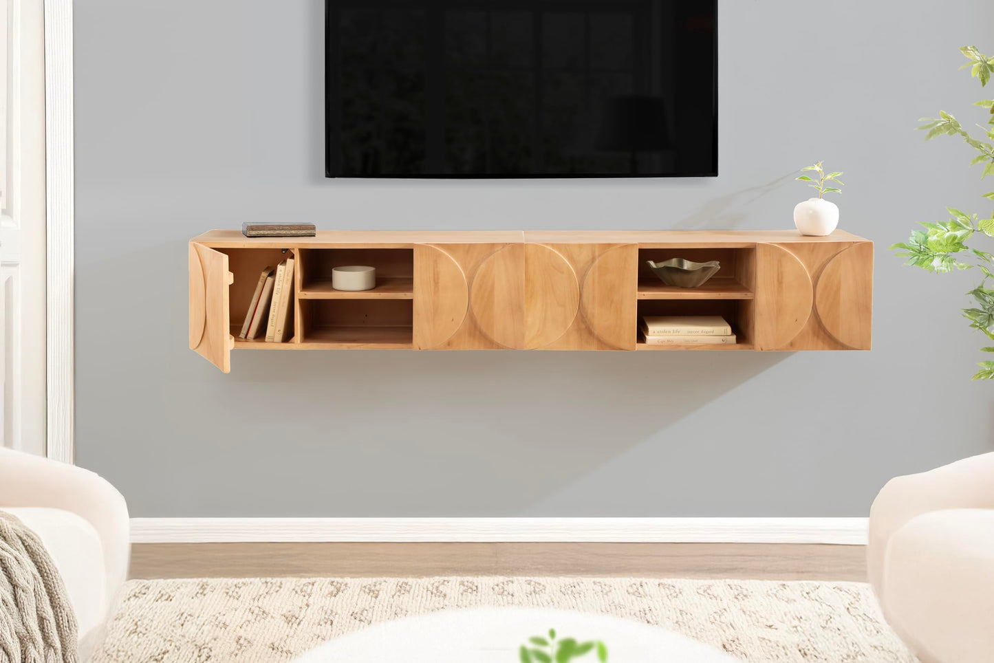 Kate and Laurel Townsend Modern Floating Media Cabinet, 36 x 12 x 12, Natural Wood, Decorative Geometric Floating Console Table with Storage for Use as Living Room Storage or Wall-Mounted Bar Cabinet