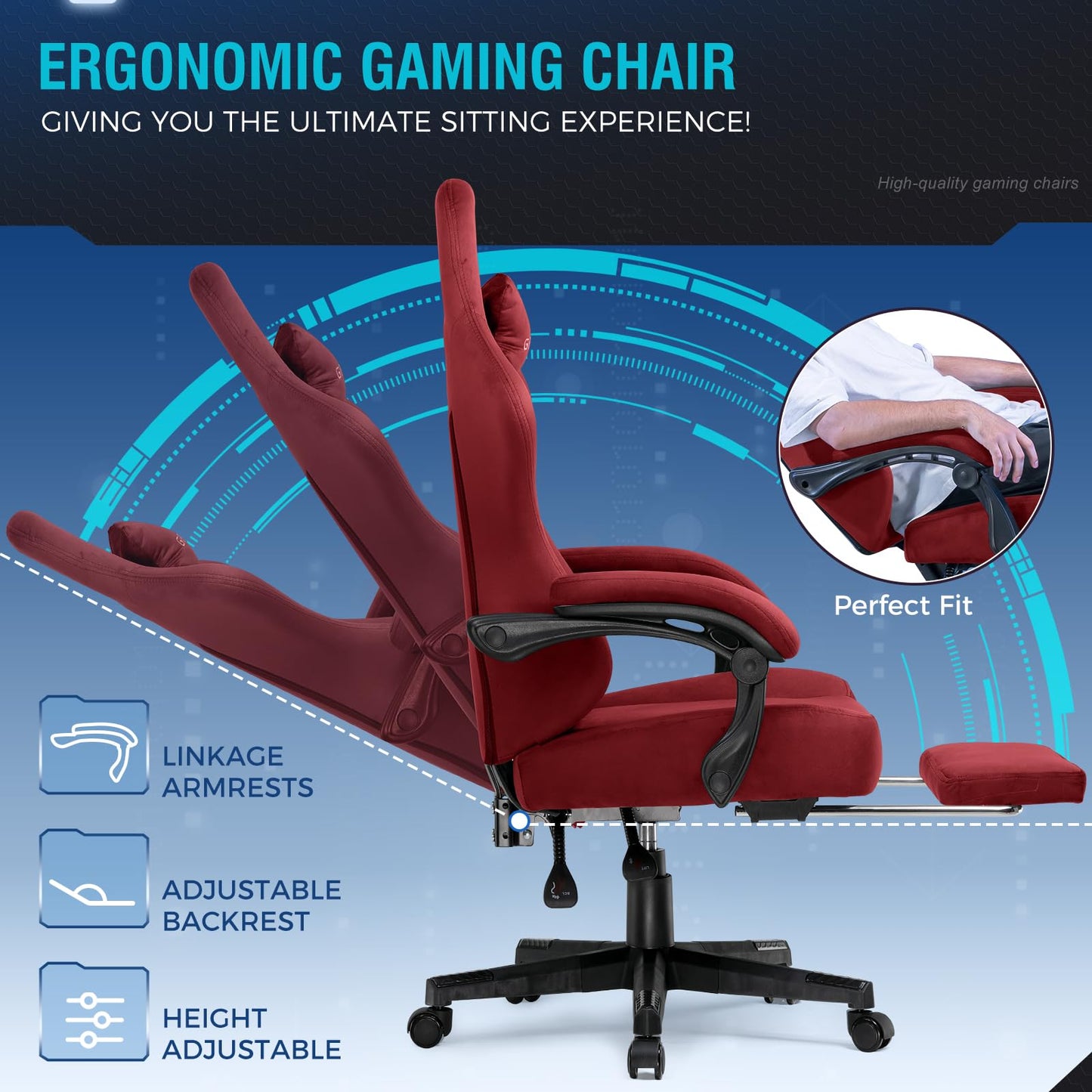 GTPLAYER Gaming Chair Fabric with Pocket Spring Cushion, Big and Tall Gamings Chairs 350LBS High Back Computer Chair with Footrest for Adults Lumbar Support Swivel Game Chair for Office Gaming Red