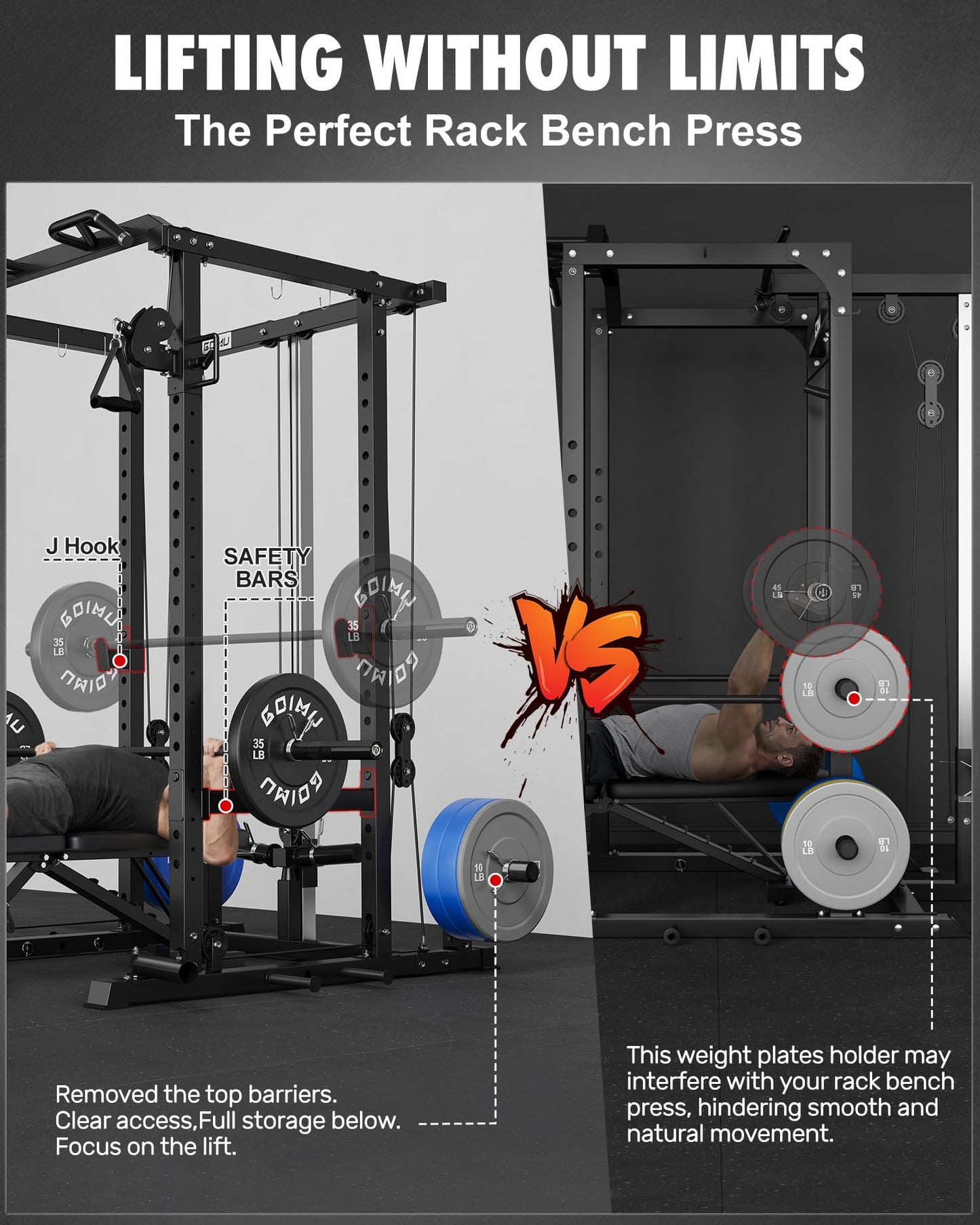 GOIMU RH01 Power Cage Rack, 2000LBS Squat Rack with with Cable Crossover System&LAT Pull Down System, Multi-Function Workout Cage for Home&Garage Gym (Black-SE, RH01 Power Cage)