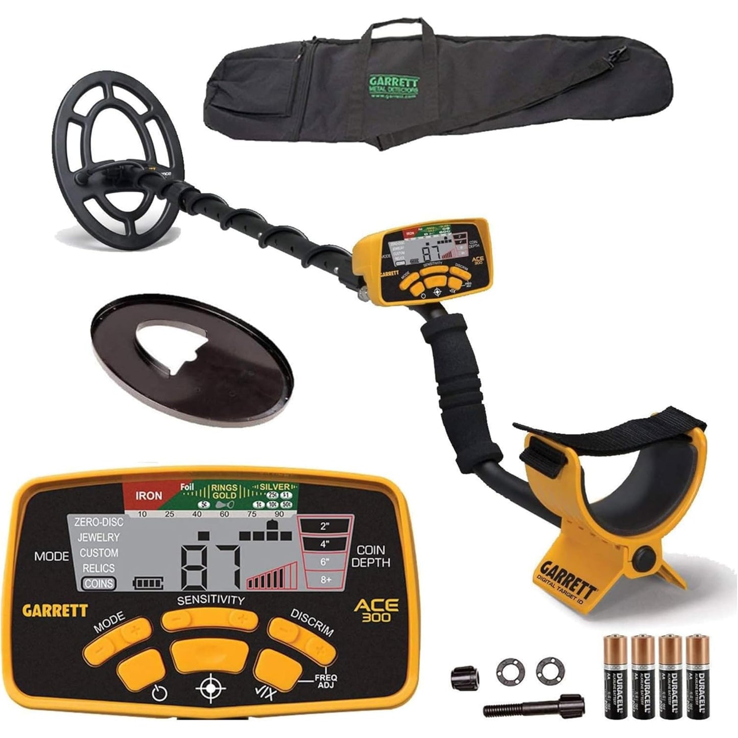 Garrett ACE 300 Metal Detector Bundle – Made in the USA - Digital Target ID, Iron Resolution, Adjustable Frequency, Includes Carry Bag & Searchcoil Cover