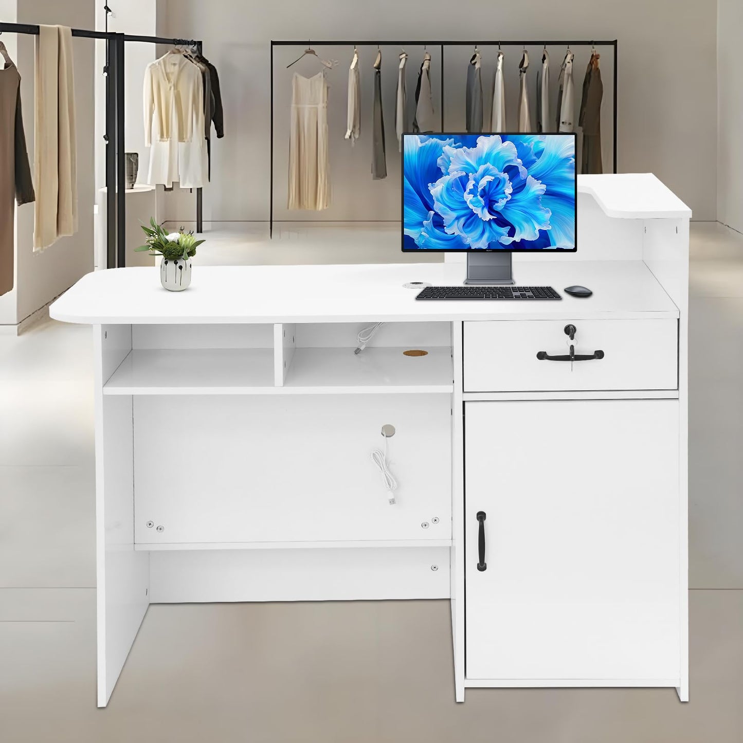 DDBESSIC Reception Desk Counter with Lockable Drawer and Open Shelves, Office Front Desk with Lights, 47 X 20in Reception Counter for Offices, Stores, Restaurants, Beauty Salons (White)