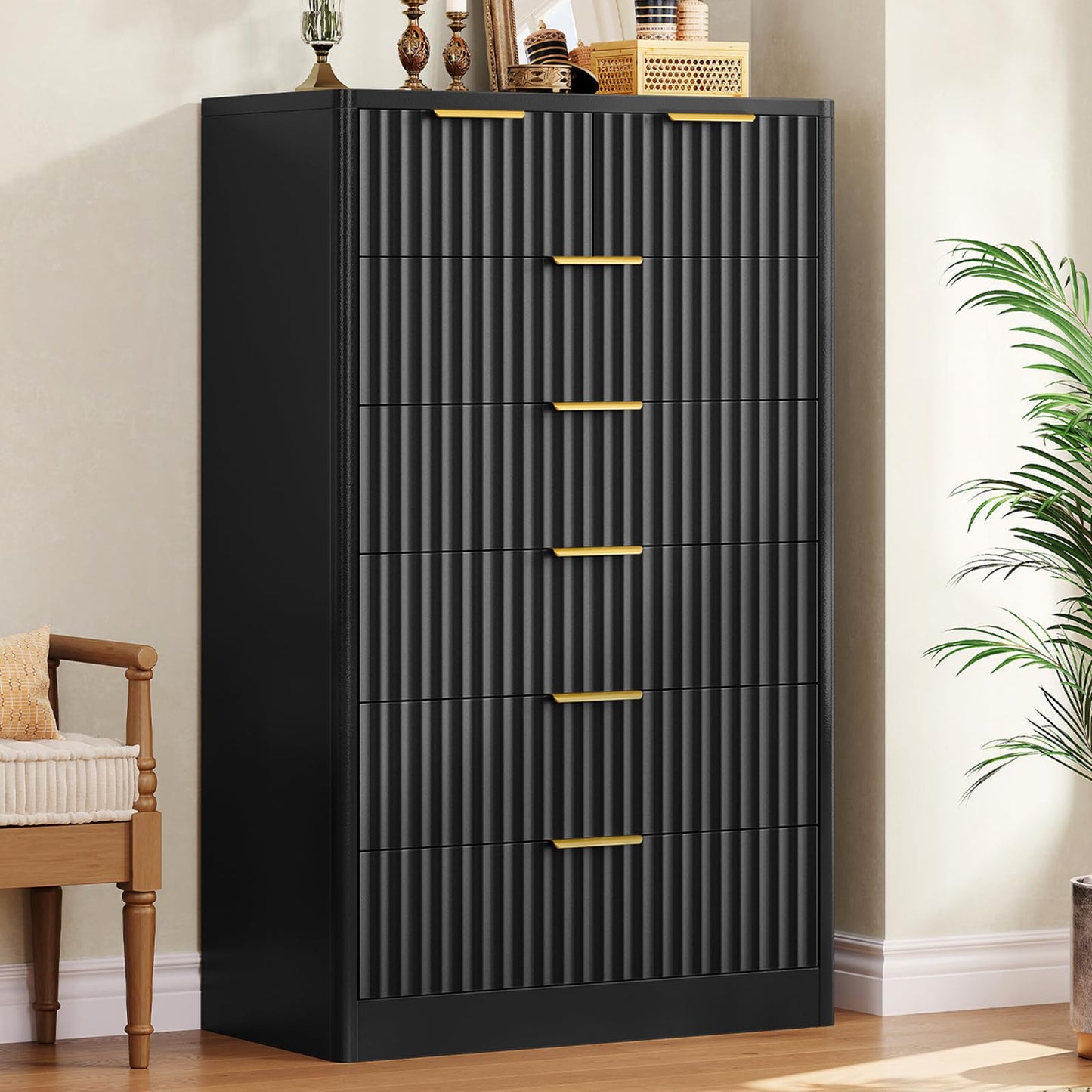 TEENOFN Fluted Dresser for Bedroom with 7 Drawers, 48" Tall Modern Chest of Drawers with Metal Handle, Wooden Dresser TV Stand, Wood Closet Clothes Storage Organizer for Living Room, Hallway, Black