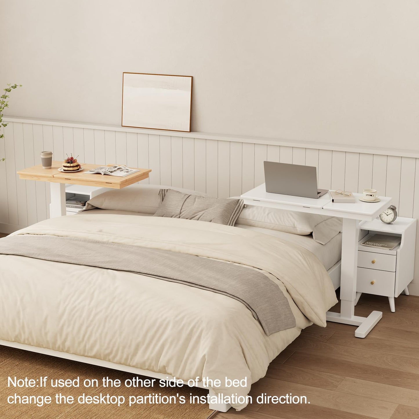 Muwuele Solid Wood Overbed Bedside Table with Wheels, Adjustable Medical Tilt Top Hospital Bed Table Over The Bed, Rolling Laptop Desk, Mobile Standing Desk for Hospital and Home Use (White)
