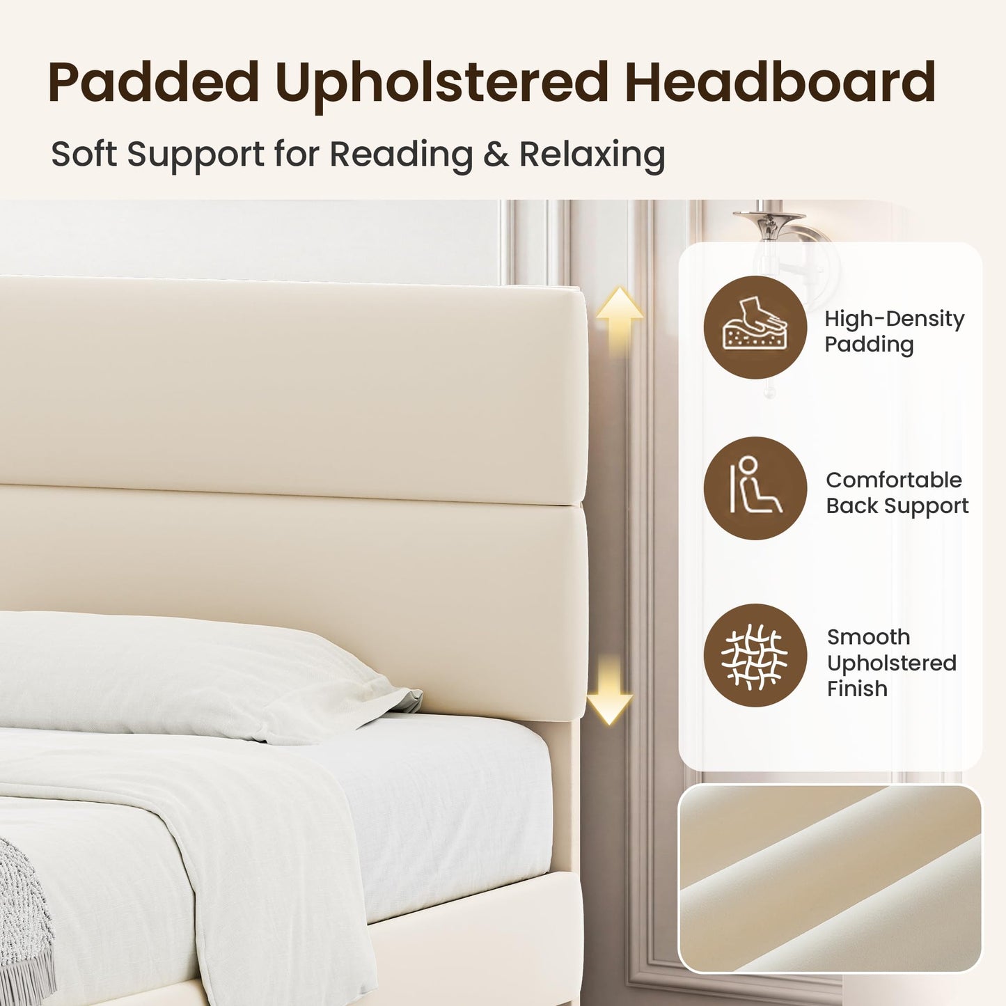 GRUSIGN King Size Platform Bed Frame with Velvet Headboard, Adjustable Height Wooden Slats Support, Upholstered Mattress Foundation, Fits Mattress or Mattress with Box Spring, Easy Assembly, Beige
