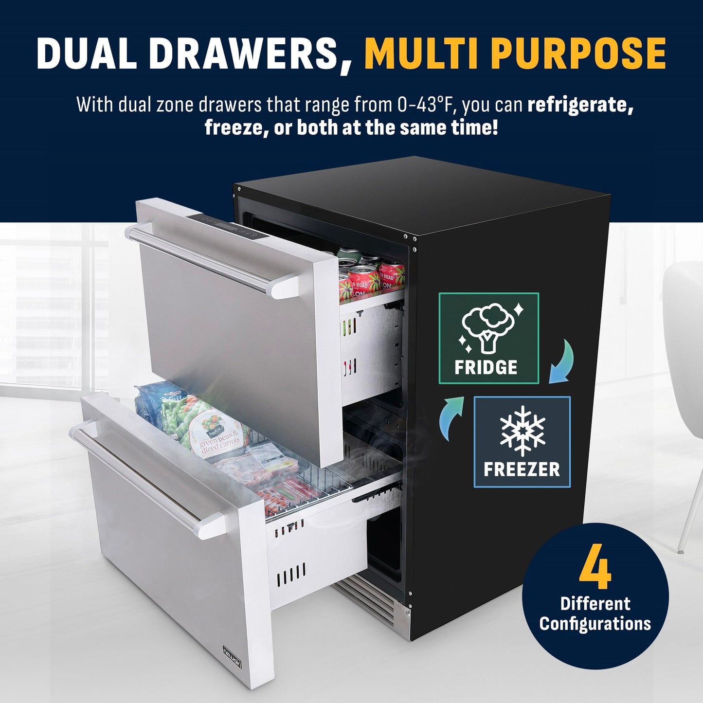 NewAir 24” Dual Zone Outdoor Beverage Fridge and Freezer | Freestanding or Built-In Under counter Refrigerator for Outside Patio | Dual Drawers that Refrigerate and Freeze | Stainless Steel