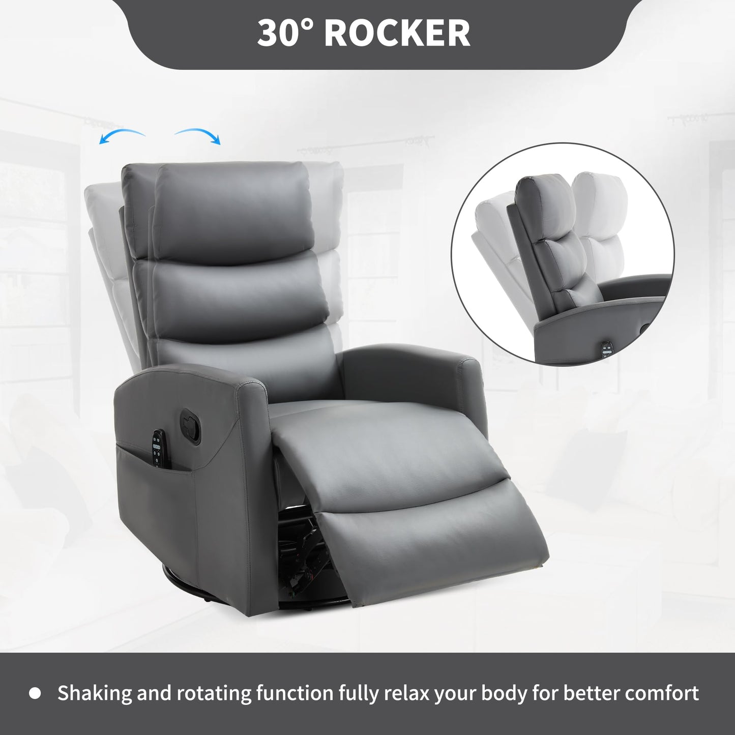 KEIKI Heat Massage Manual Recliner Chair, 360 Swivel Rocker with Lumbar Heat, Faux Leather Neutral Tone Heavy Duty, Ergonomic Adult Lounge Chair with Cushion Back for Primary Living Space, Grey