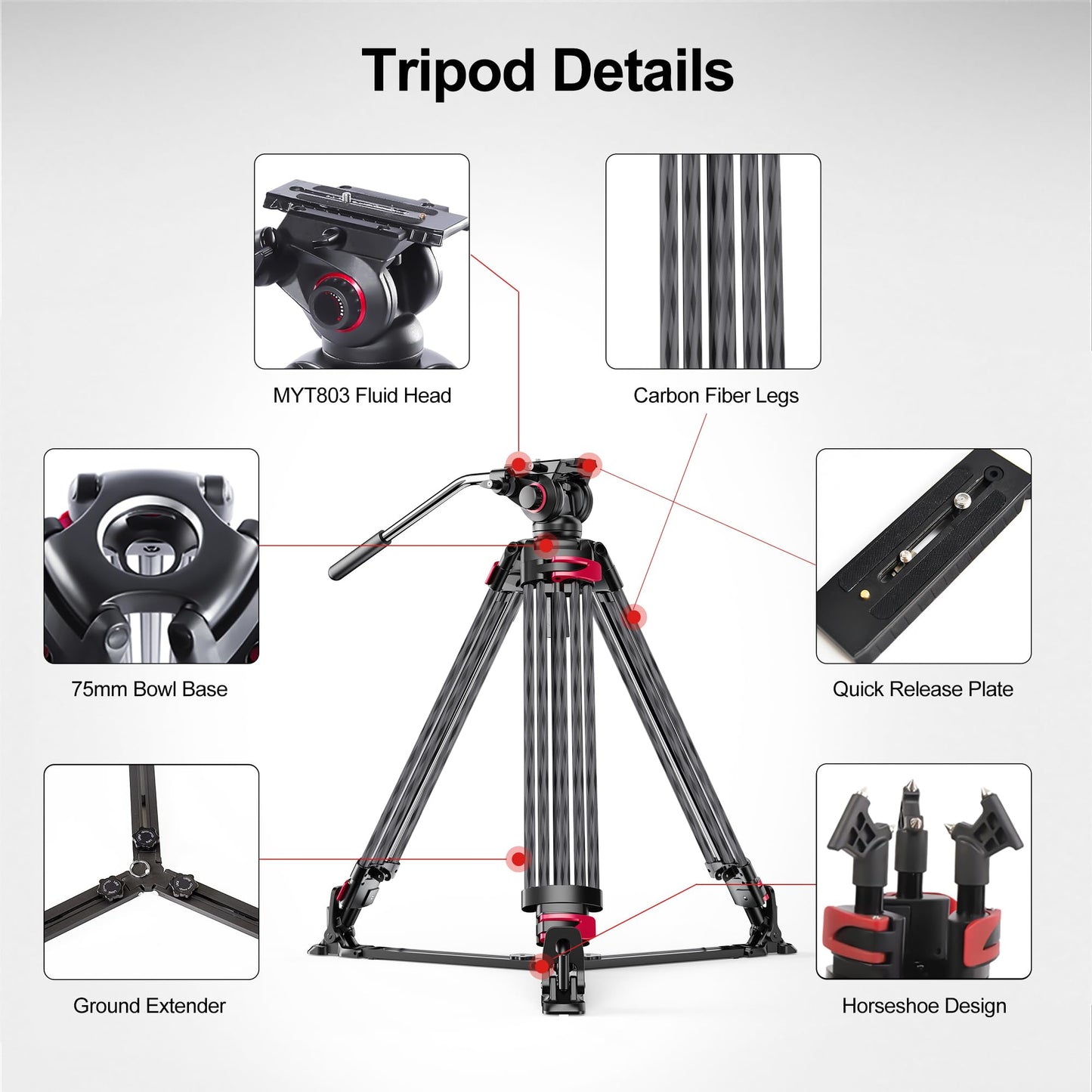 miliboo Carbon Fiber Tripod,Camera Tripods Stand with Infinitely Damped Head,Professional Photography Equipment Kit,75mm Bowl,Max Load 33 lbs,Heavy Duty Tripod with Ground Extender（MTT609B）