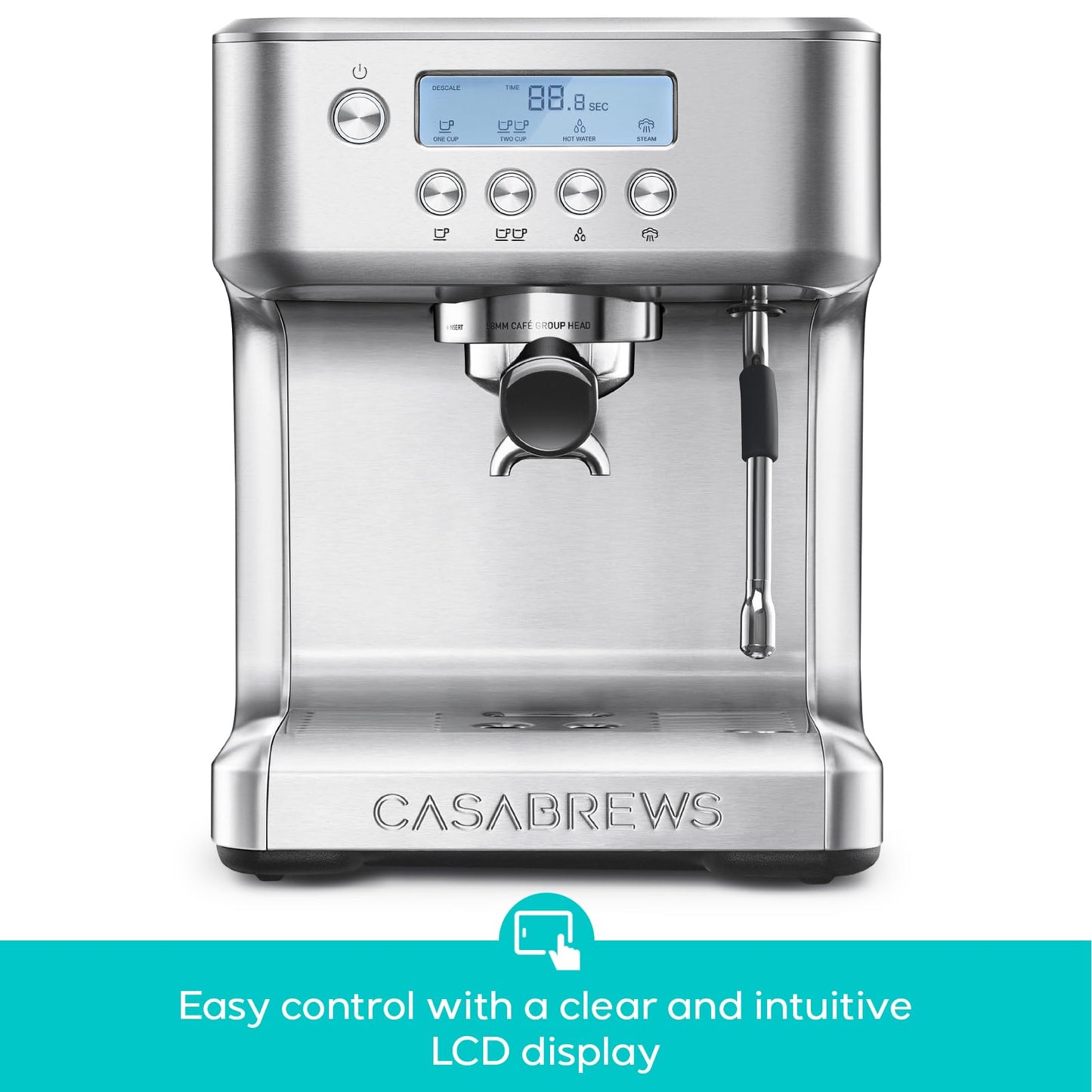 CASABREWS Ultra Espresso Machine with LCD Display, 20 Bar Espresso Maker with Powerful Milk Frother, Customizable Brewing Temperature, Barista-Level Latte and Cappuccino Machine for Home, Silver