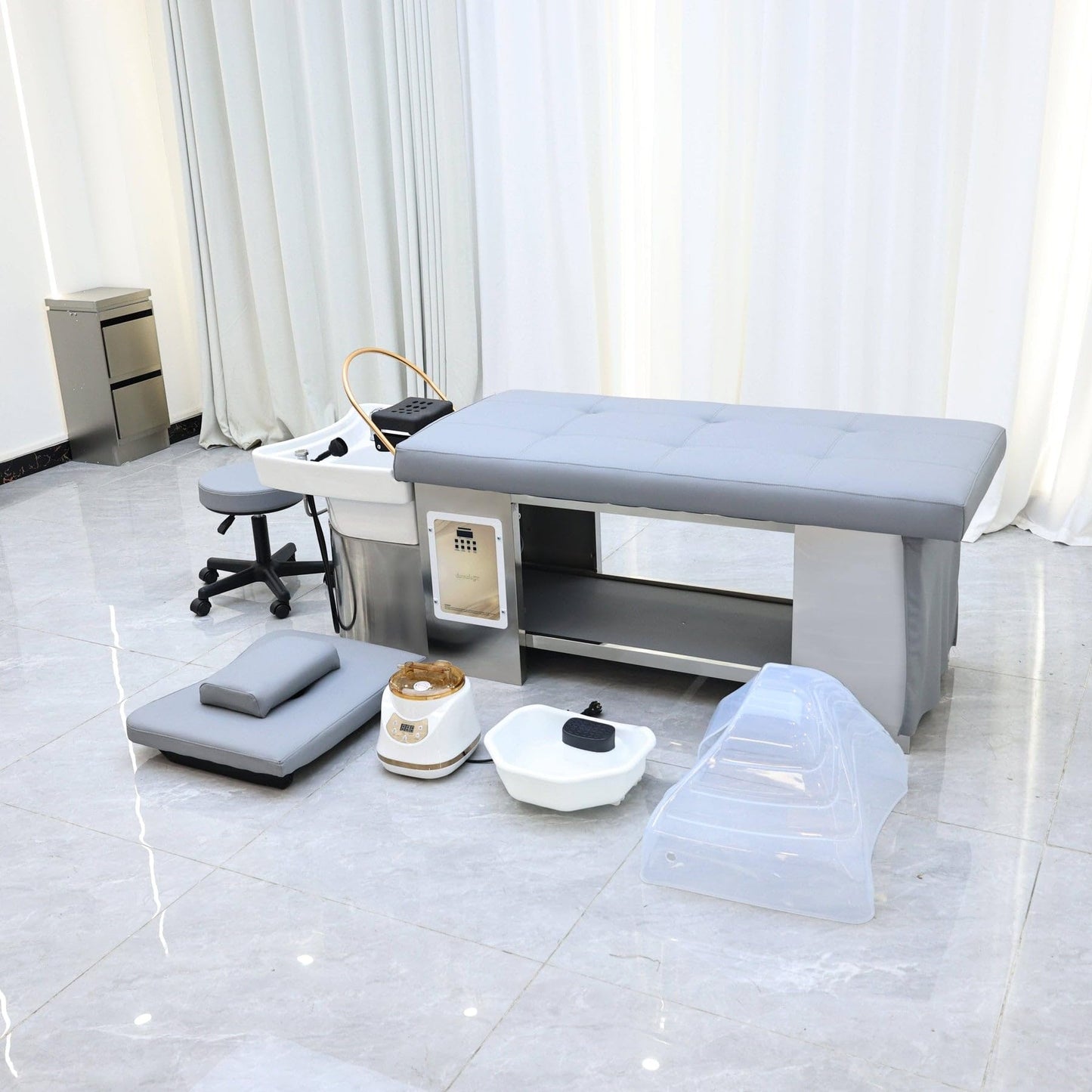 TATARTIST Head Spa Bed with Fumigation Head Therapy Shampoo Bed Water Circulation Massage Shampoo Backwash Unit Spa Hair Salon Equipment (Grey)