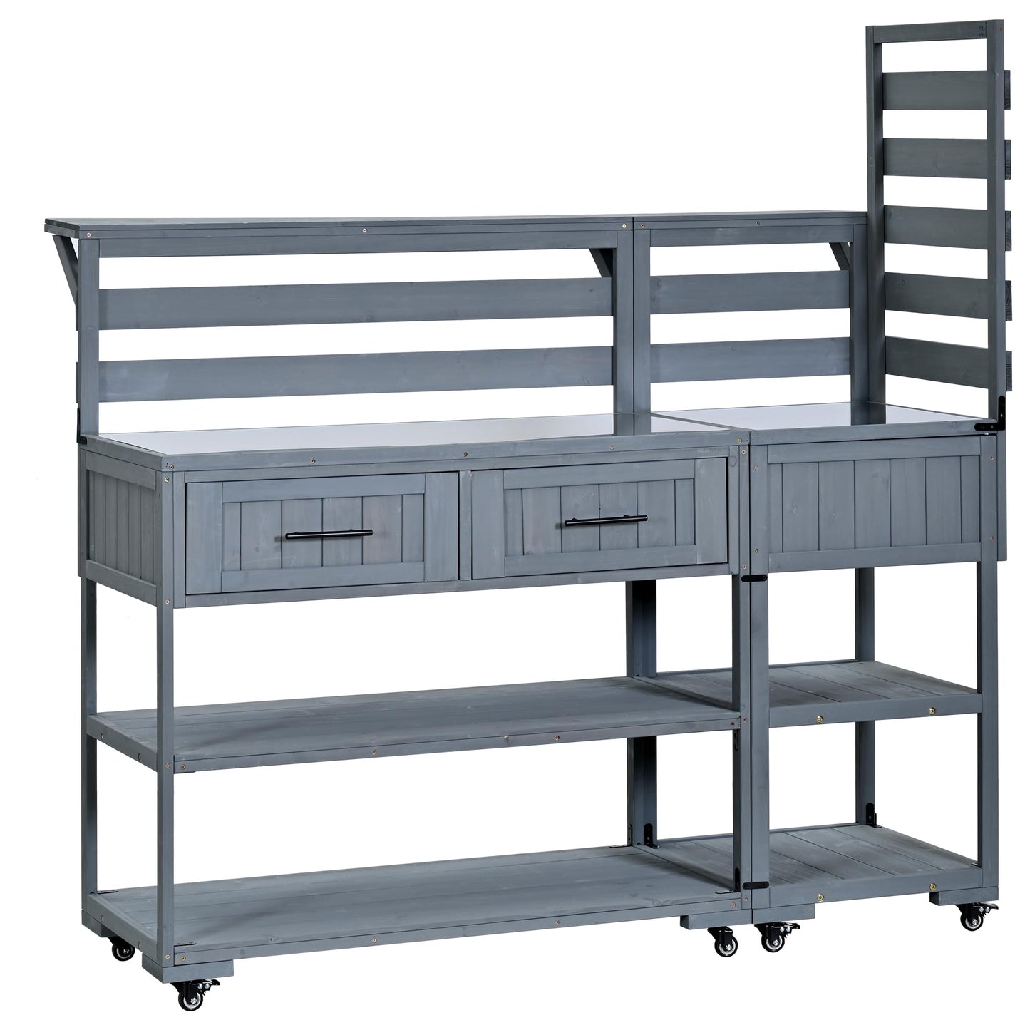 GDFStudio Elshire Patio Kitchen Island Cart with Storage, Wooden Outdoor Storage Cabinet with Stainless Steel BBQ Prep Table Top, Drawers, Raised Shelf and Lockable Wheels, Garden Potting Bench, Gray