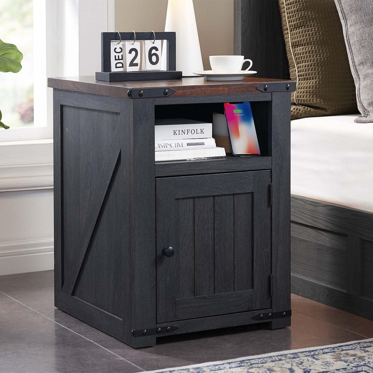 Farmhouse Night Stands Set of 2, 20" End Table w/Charging Station, Rustic Wood Bedside Table w/Groove Barn Door, Side Table with Storage w/Open & Adjustable Shelf for Bedroom, Living Room (Dark Grey)