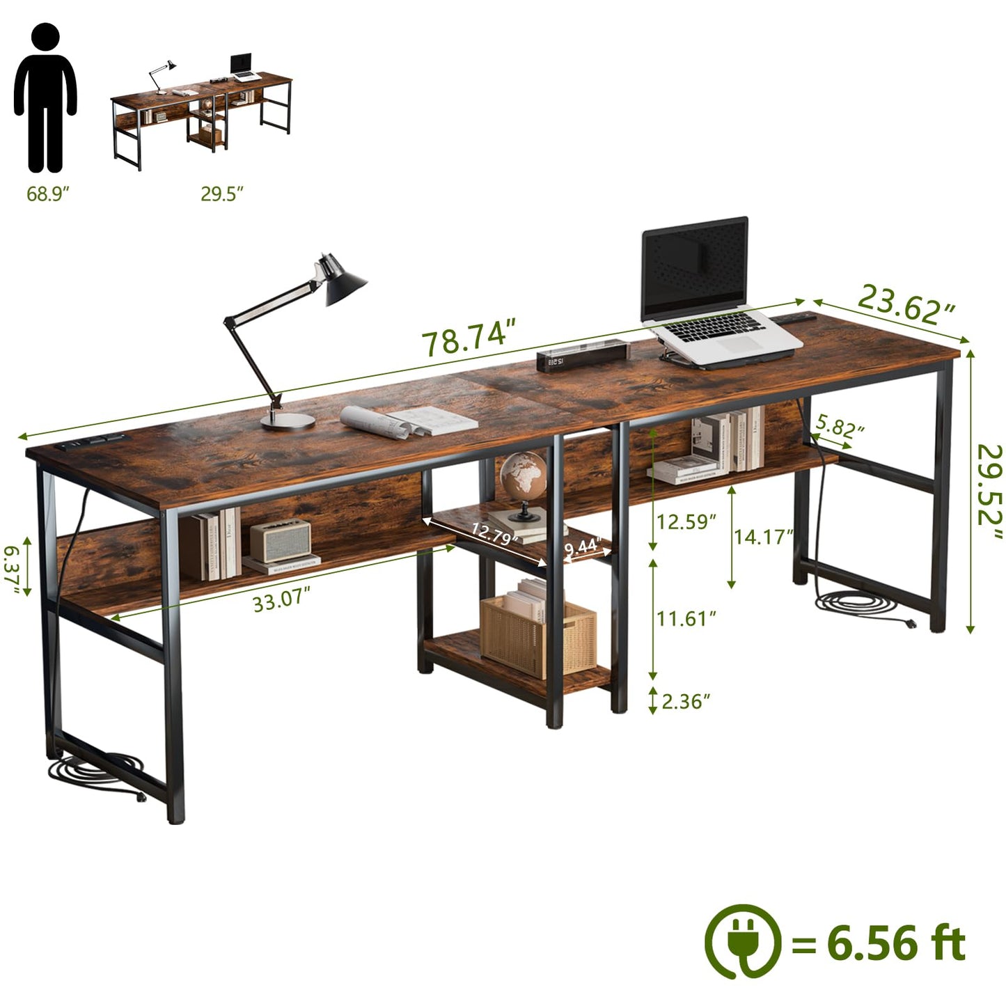 Ytaoka 78.74" Two Person Desk with 2 Power Strips, Double Desk with Shelves, Long Computer Desk for Two People, Wood Writing Desk Workstation for Home Office, 23.62"D x 78.74"W x 29.52"H, Rustic Brown