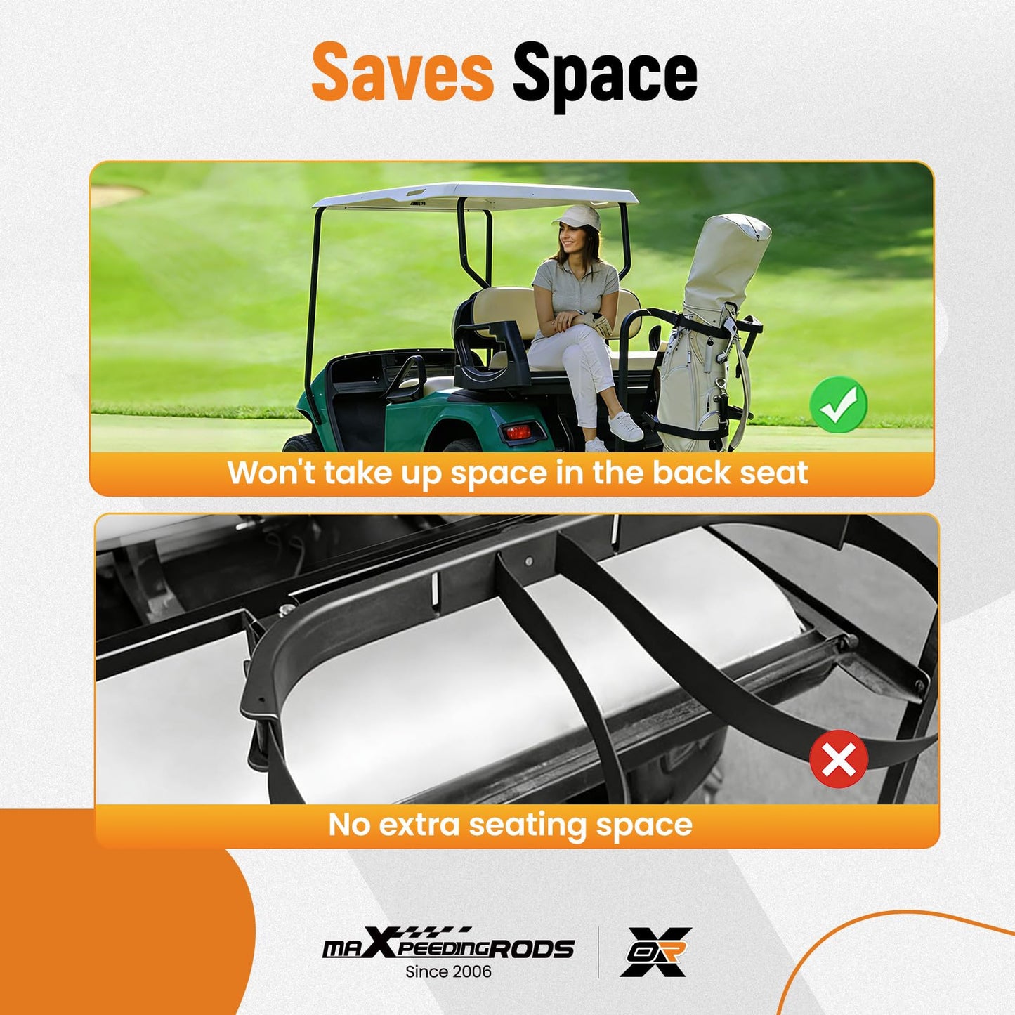 maXpeedingrods Upgraded Golf Cart Rear Seat Bag Holder for Club Car E-Z-GO Yamaha, Cart Bag Holder with Adjustable Strap, Better Fixation Space-Saving No Drilling Required Rust-Proof