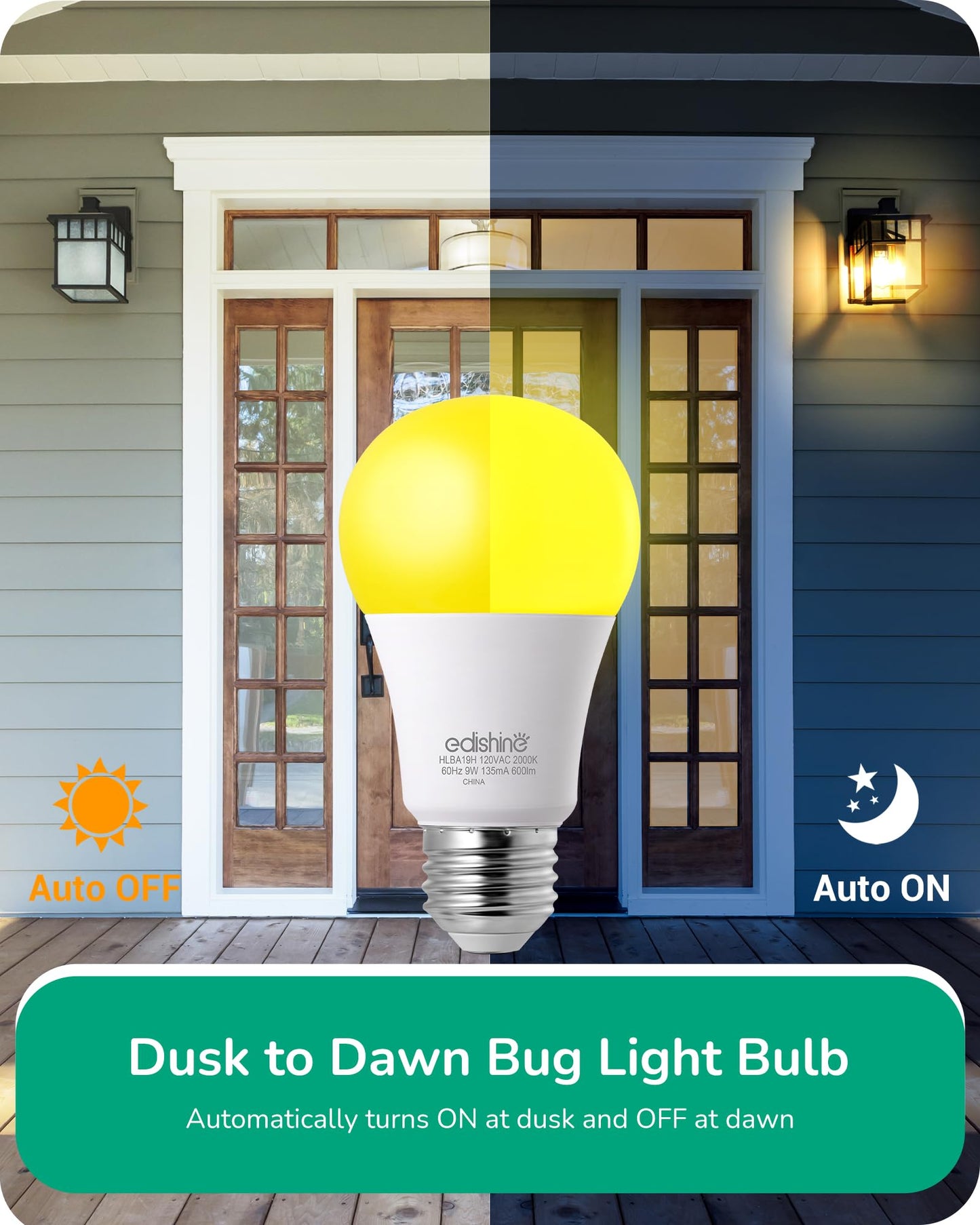 EDISHINE Dusk to Dawn Bug Light Bulbs, 2000K Amber Glow, 9W (60W Equivalent), E26 Base, 4 Pack, UL Listed